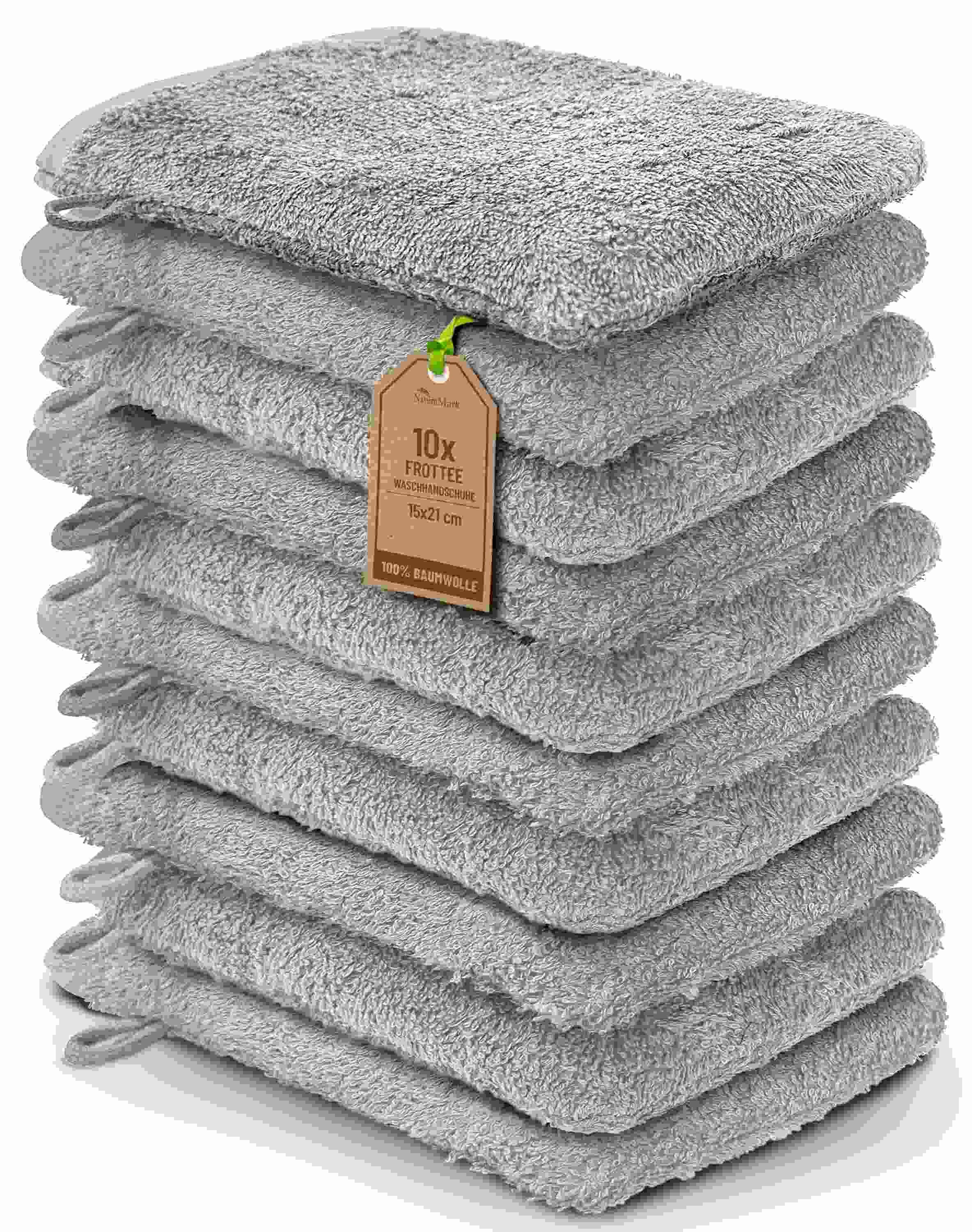 NatureMark Waschhandschuh 10er-Set Frottier Waschhandschuhe, 100% Baumwolle (10-St), Premium Frottier Waschhandschuhe, 15x21cm, Silber grau