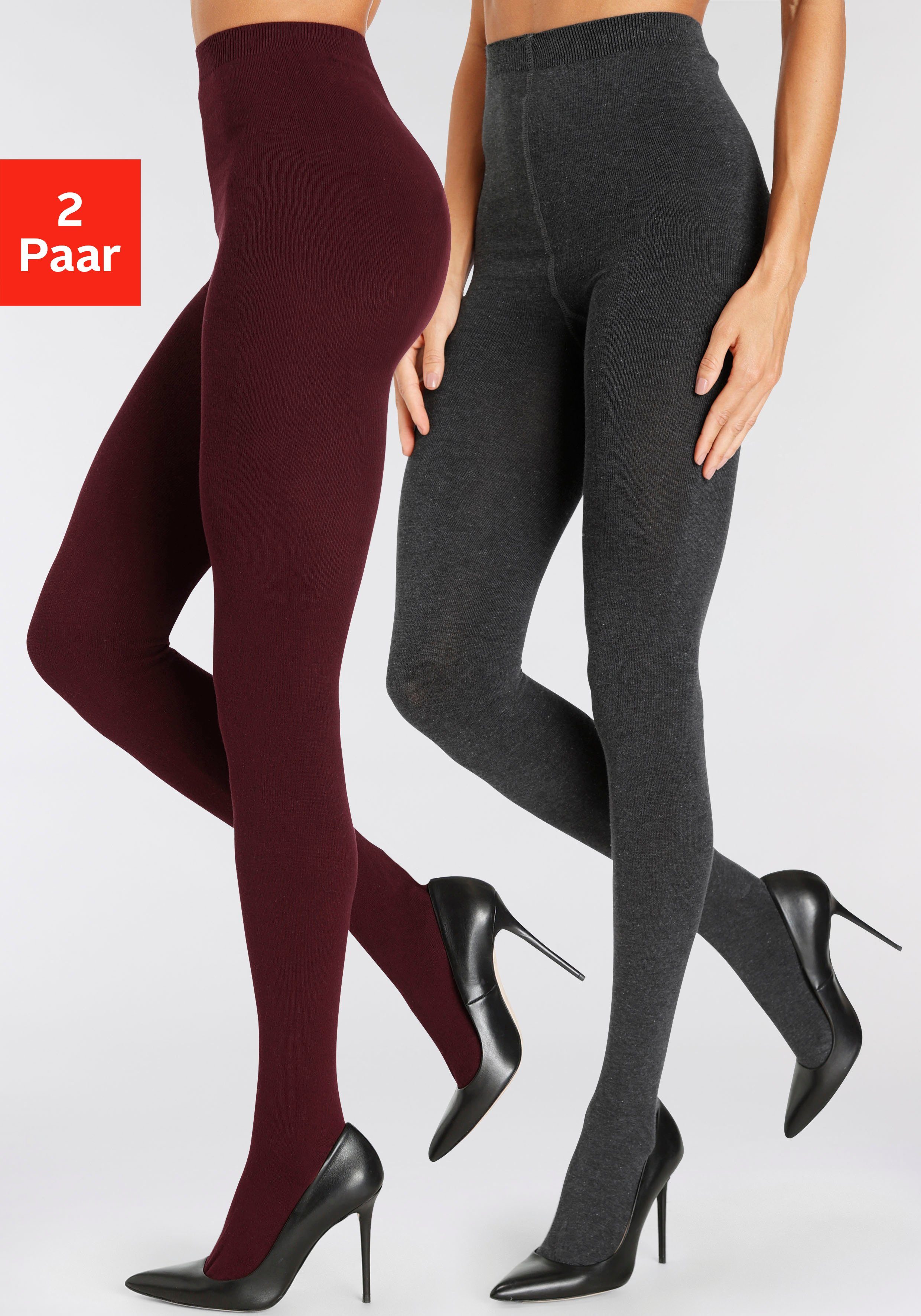 LASCANA Strickstrumpfhose Warme Damen glatt gestrickte Baumwoll Strumpfhose (Packung 2 St. bis Gr. 52/54) aus trageangenehmer Baumwollmischung