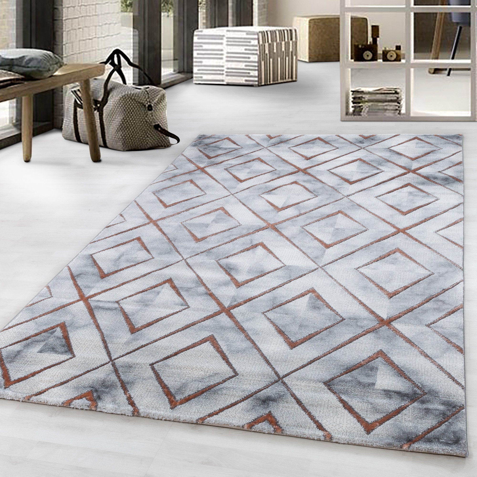 Designteppich Marmoroptik Flachflorteppich Kurzflorteppich Wohnzimmer Muster, Giancasa Bronze | Kinderteppiche