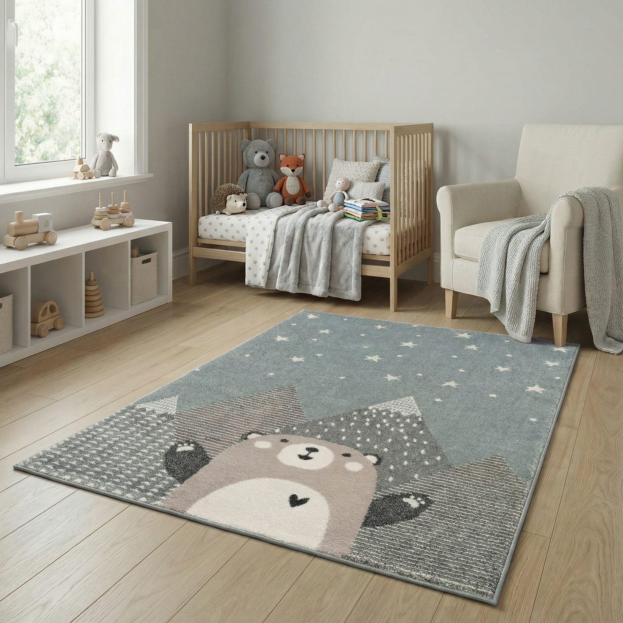 Jimri Kinderteppich Happy Friends Teppich für Kinderzimmer, Kinderteppich Bär Hase Panda, Läufer