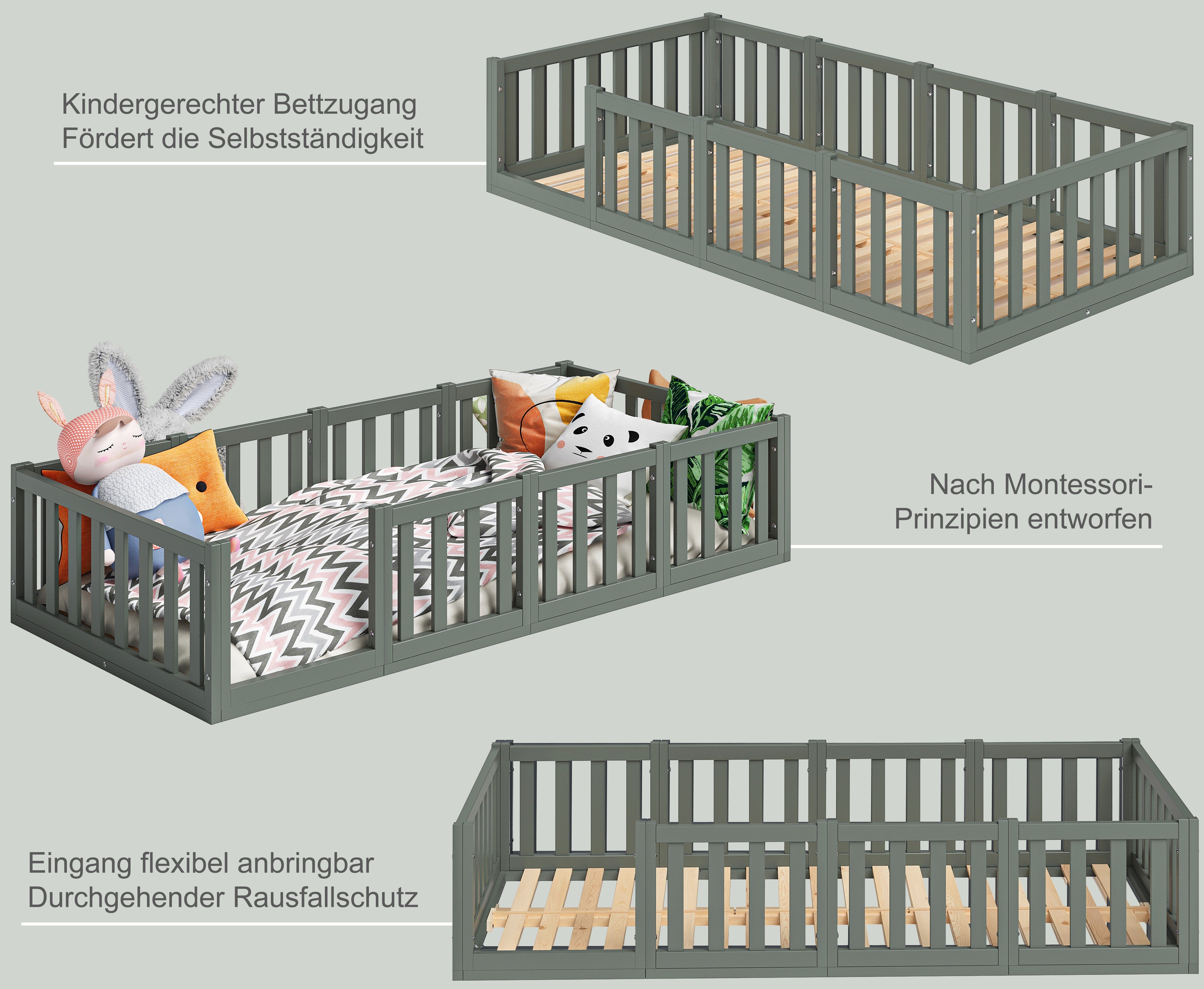 in verschiedenen und grün, Kinderbett aus mit Tapi Größen Bodenbett Rausfallschutz), Bellabino Lattenrost u. Farben Massivholz, (90x20 Kiefer cm,