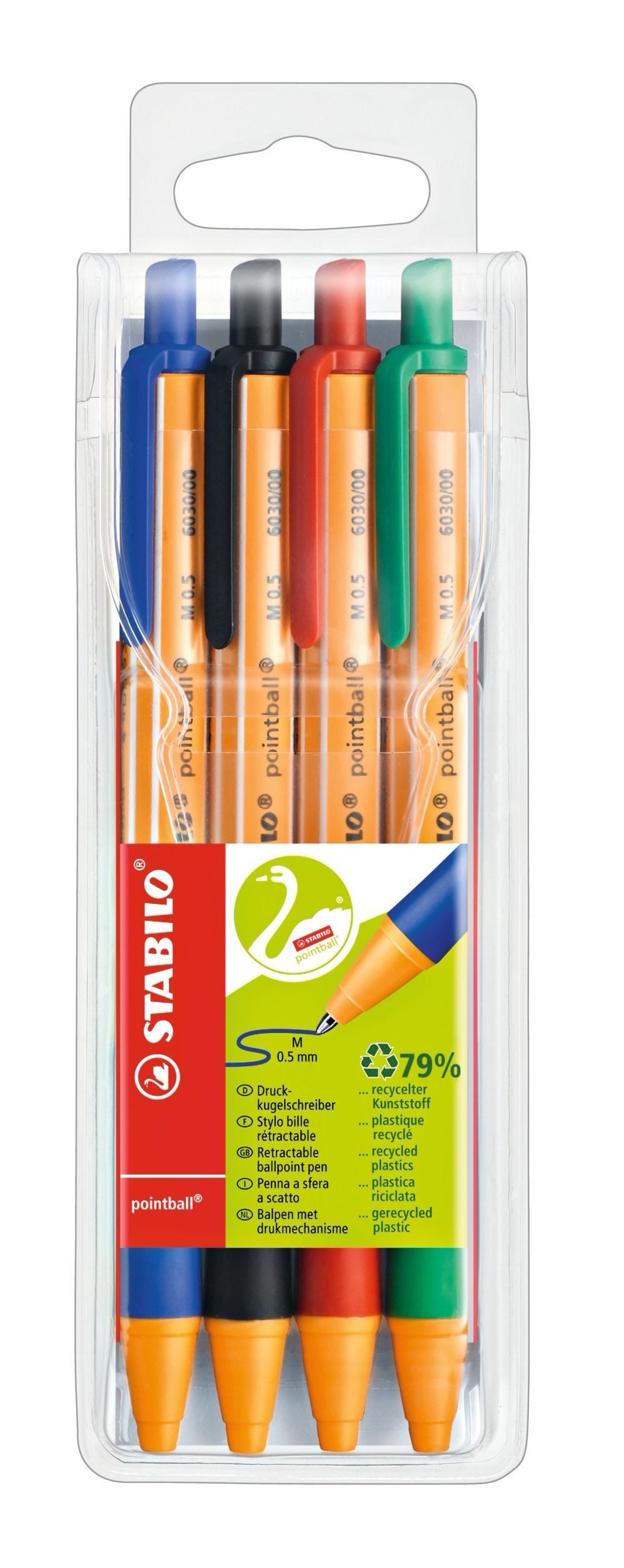 STABILO Druckkugelschreiber Kugelschreiber pointball® - 0,5 mm, Druckmechanik, 4er Pack sortiert