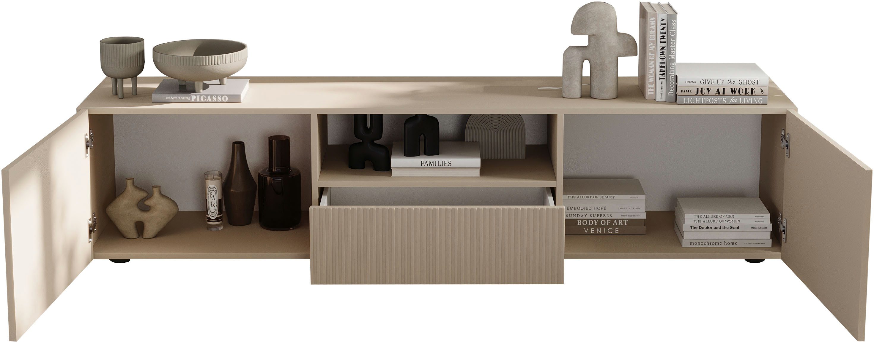 Home affaire Lowboard Rio Breite 181 cm, TV-Board 2 Türen u. 1 Schubkasten, TV-Schrank, geriffelte MDF-Fronten, modern u. elegant, Kabelführung, viel Stauraum