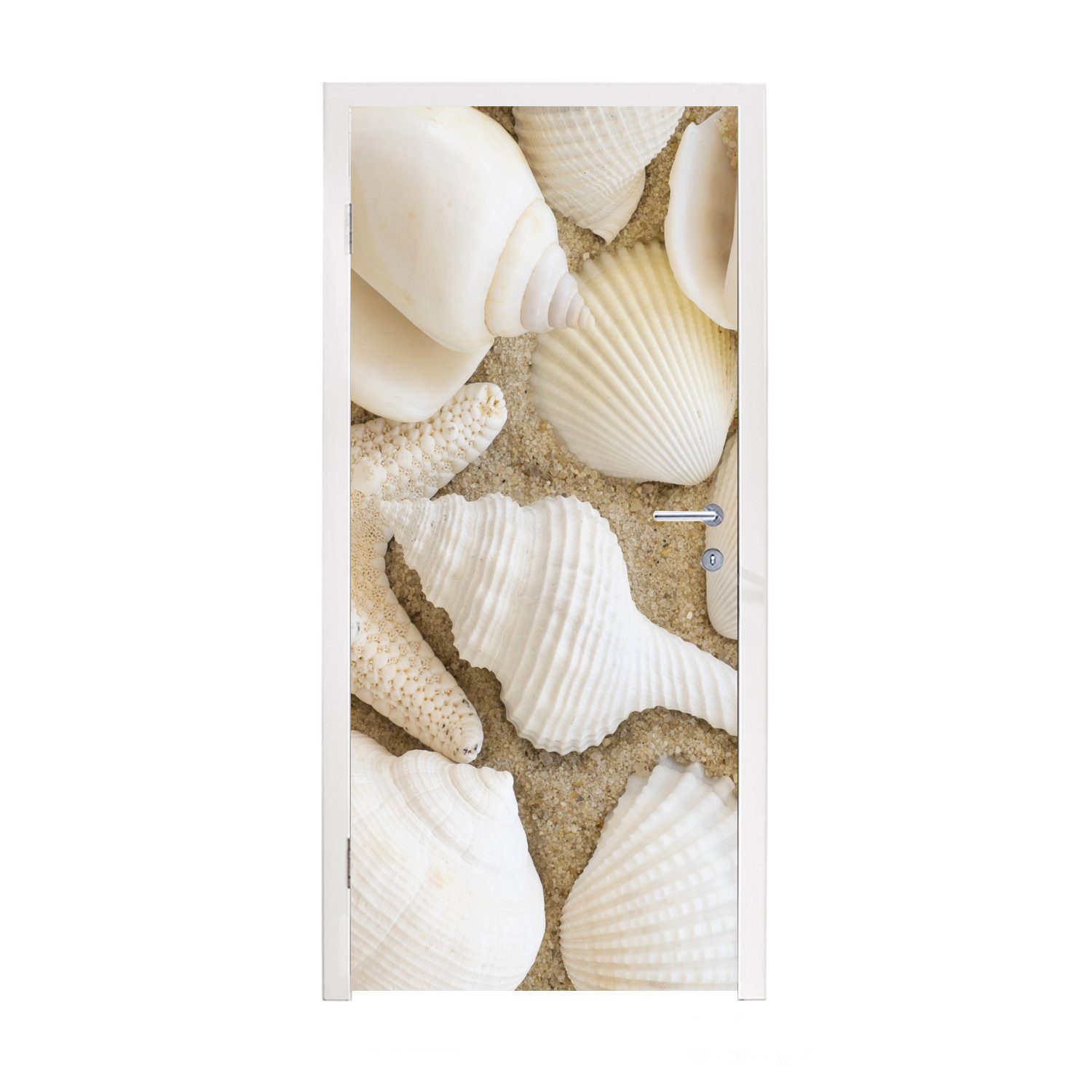 MuchoWow Türtapete Muschel - Strand - Weiß, Matt, bedruckt, (1 St), Fototapete für Tür, Türaufkleber, 75x205 cm