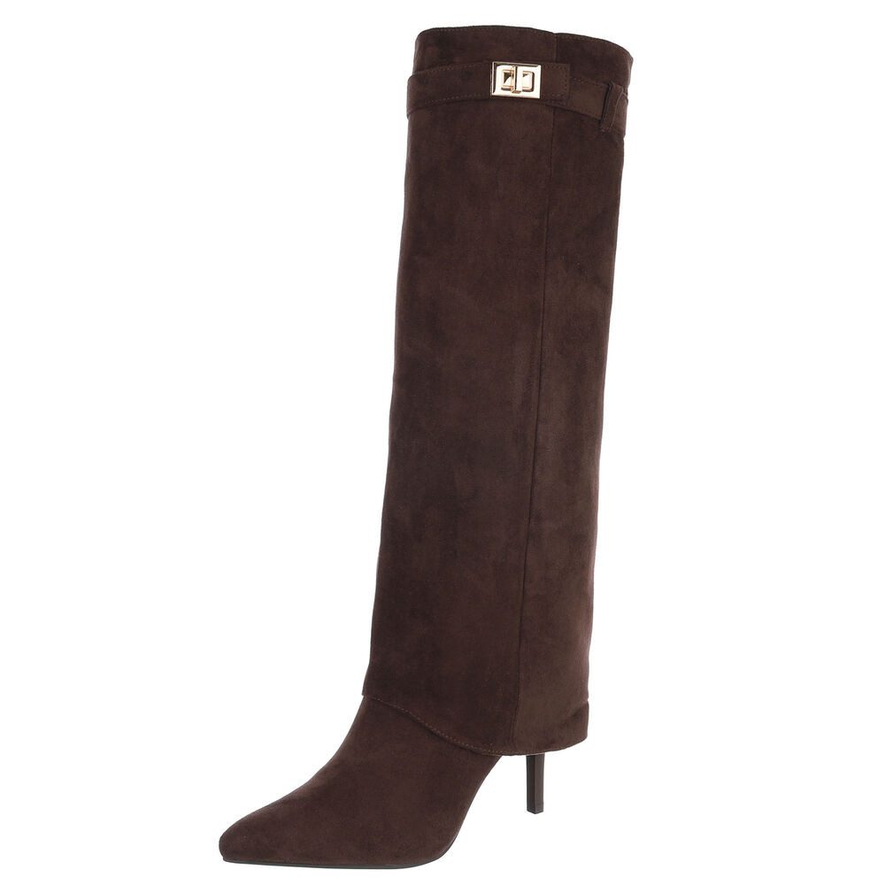 Ital-Design Damen Overknee Stiefel mit Absatz und Schmuckdetail High-Heel-Stiefel (91977462) Pfennig-/Stilettoabsatz Stiefel in Braun