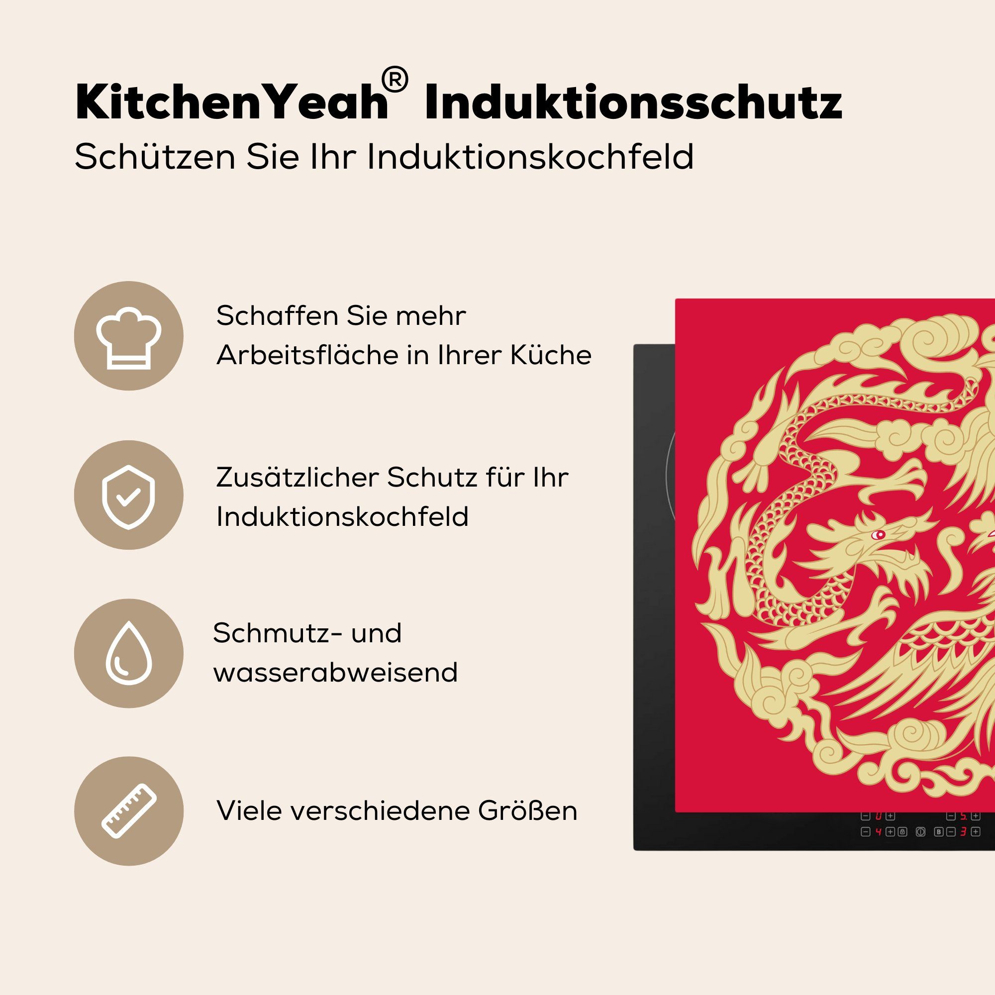 Vinyl, für küche tlg), Ceranfeldabdeckung, und Drachens Illustration Herdblende-/Abdeckplatte chinesische MuchoWow cm, eines (1 eines, 78x78 Arbeitsplatte Traditionelle