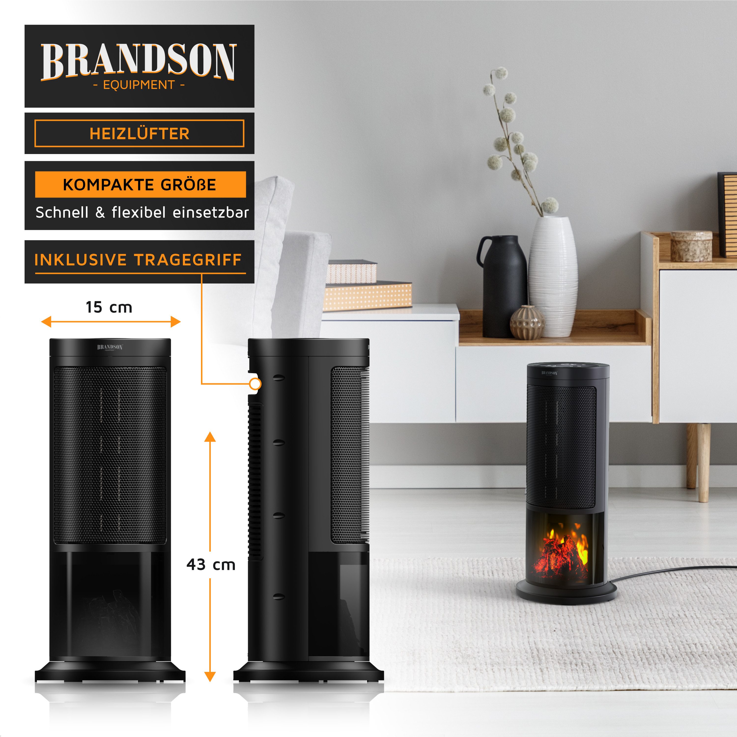 Brandson Heizlüfter mit Kaminfeuer-Effekt, Fernbedienung, Heizgerät, Timer, Oszillation, 1800 W, kompakt, Preisträger 2025, Thermostat, Energiesparend, Badezimm – Bild 5 von 5