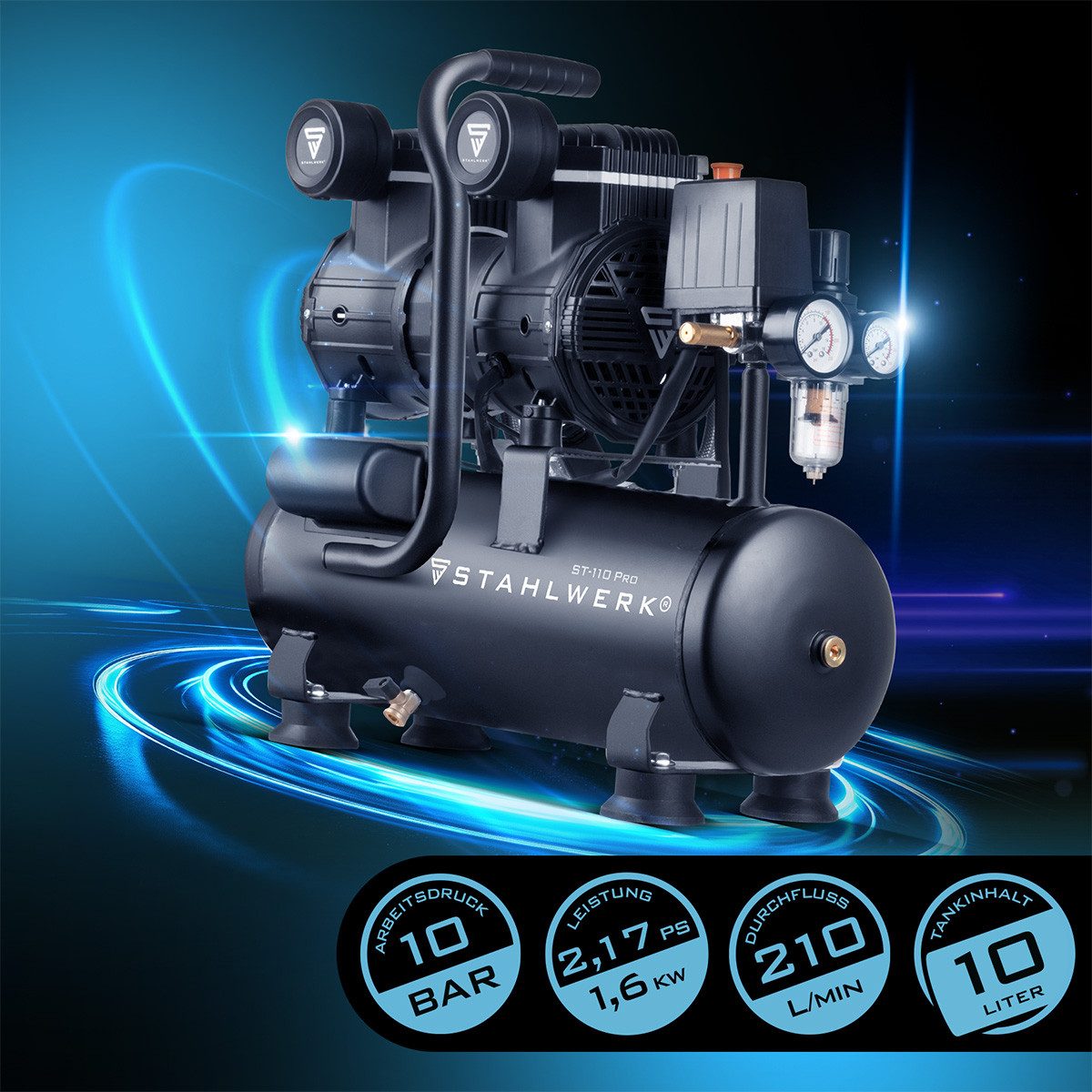 STAHLWERK Kompressor Kompressor ST-110 Pro mit 10 bar 2,1 PS 1,6 kW, 1600 W, max. 10 bar, 10 l, Gerät, 1-tlg., Einzelgerät, Flüster-Kompressor mit Brushless-Motoren