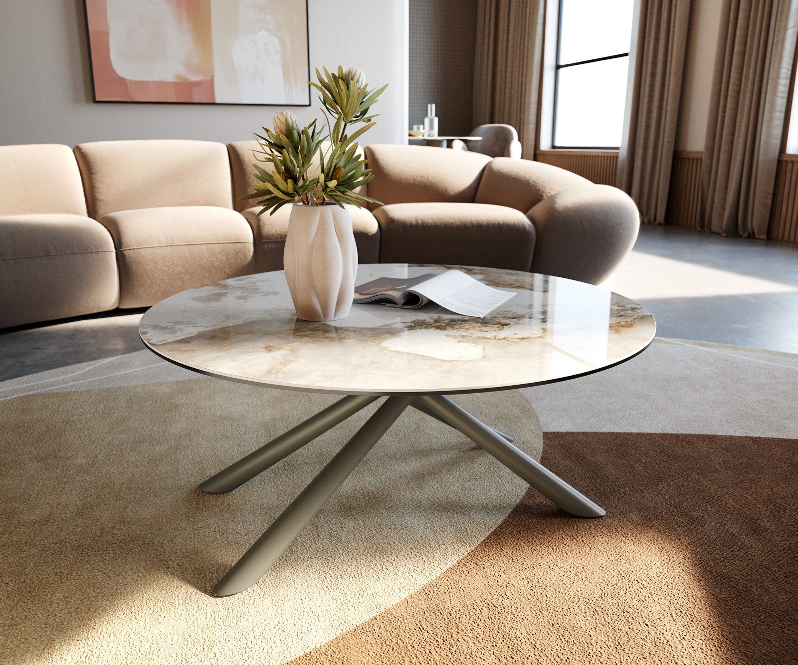 DELIFE Couchtisch Edge, Rund 90x90 cm Keramik Minas Melange Sarity Metall Effektfinish Titan