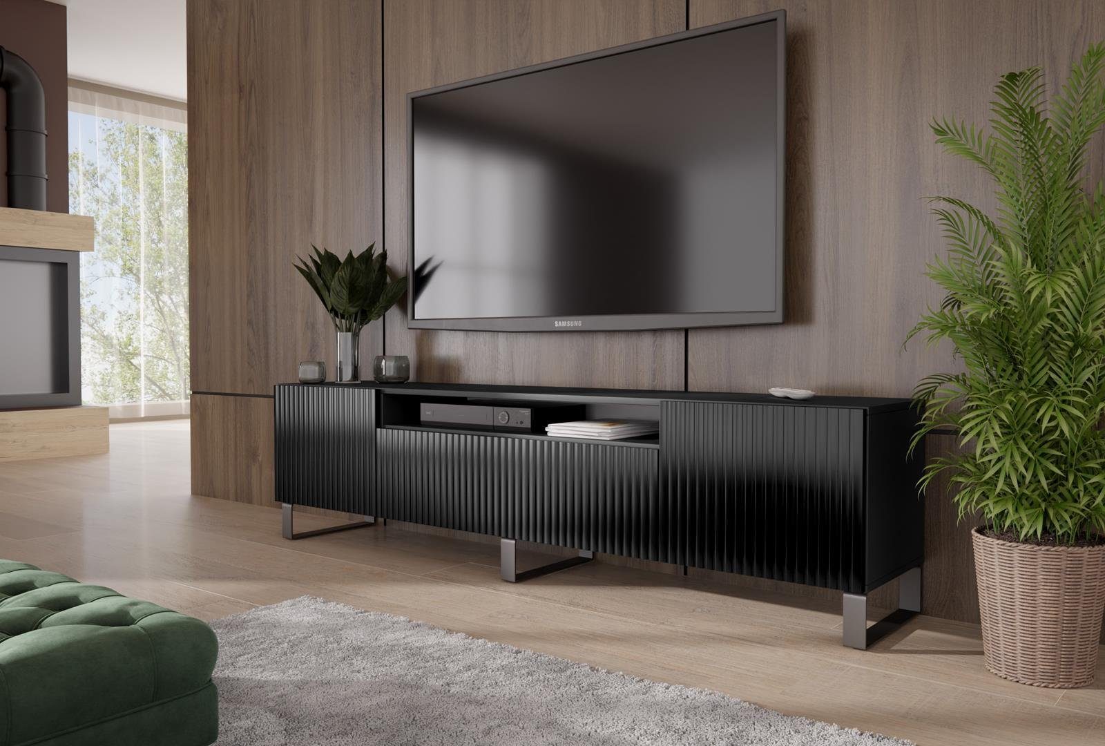 Beautysofa TV-Schrank Malo (inklusive 3x Scharniertüren) mit gefräst Fronten, modernes / loft Stil Lowboard, Weiß / Schwarz