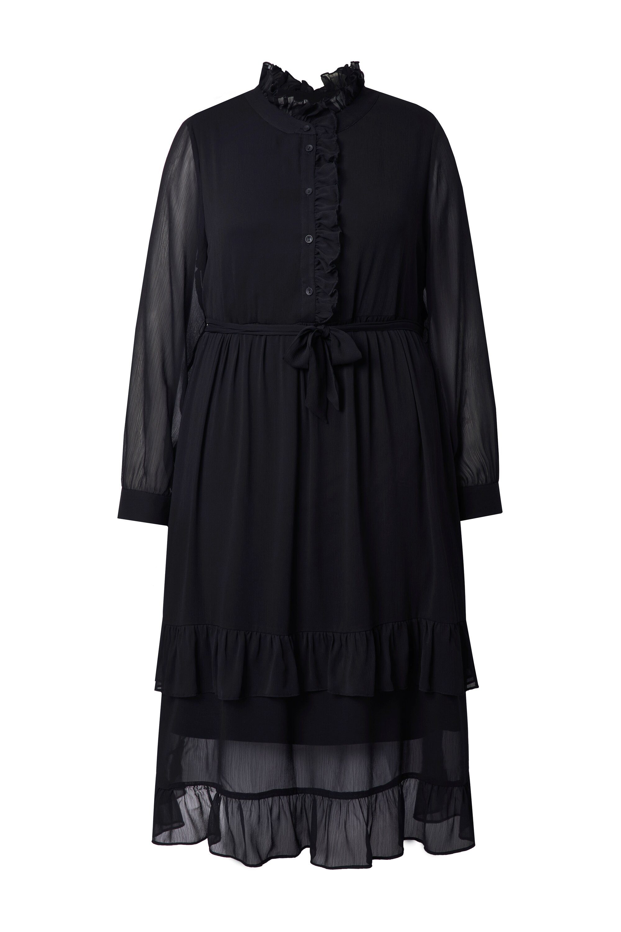 Ulla Popken Maxikleid Midikleid Rüschen A-Linie Stehkragen Langarm günstig online kaufen