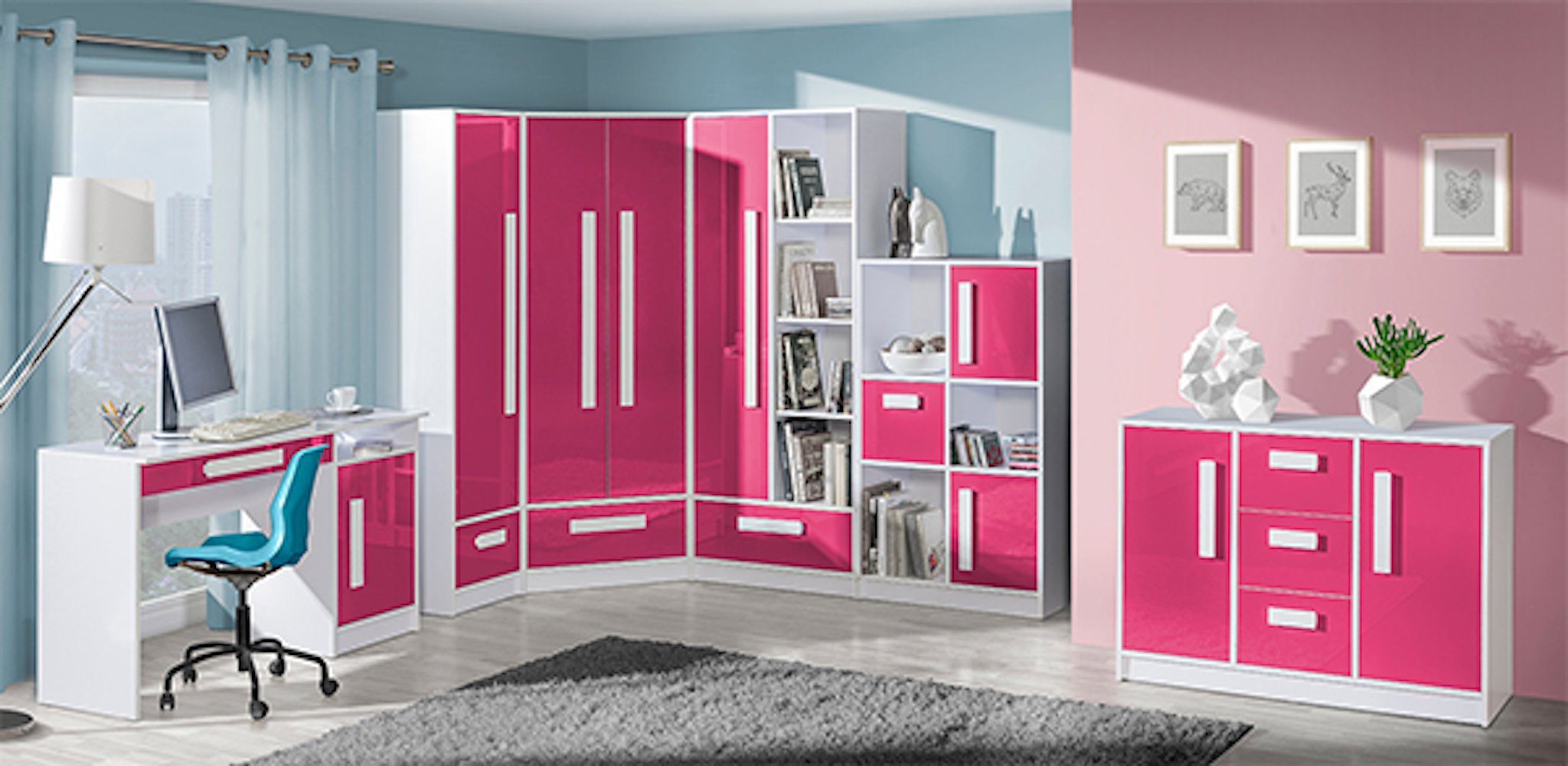 rosa Schubkasten glänzend Farbe & mit Schreibtisch Frontfarbe 1-türig Guliver, der wählbar Feldmann-Wohnen Griffe 1 120cm