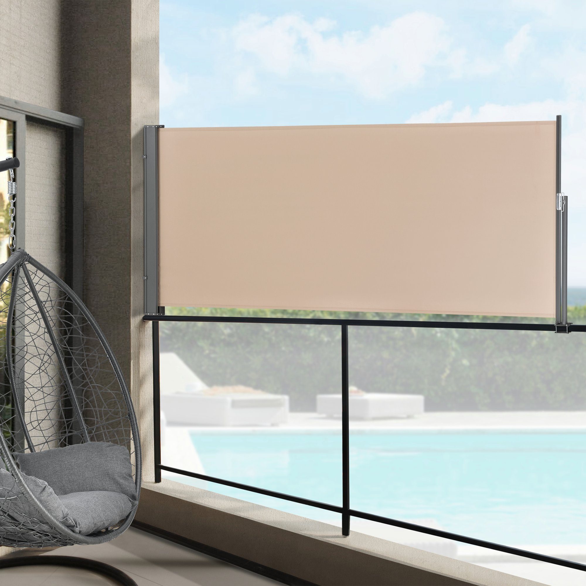 LARS360 Ausziehbar Seitenmarkise Sonnenschutz Sichtschutz Windschutz Seitenwandmarkise Markisenstoff für Balkon und Terrasse Camping 160x600cm, Beige Aus Polyester und Alu Metall Ständer