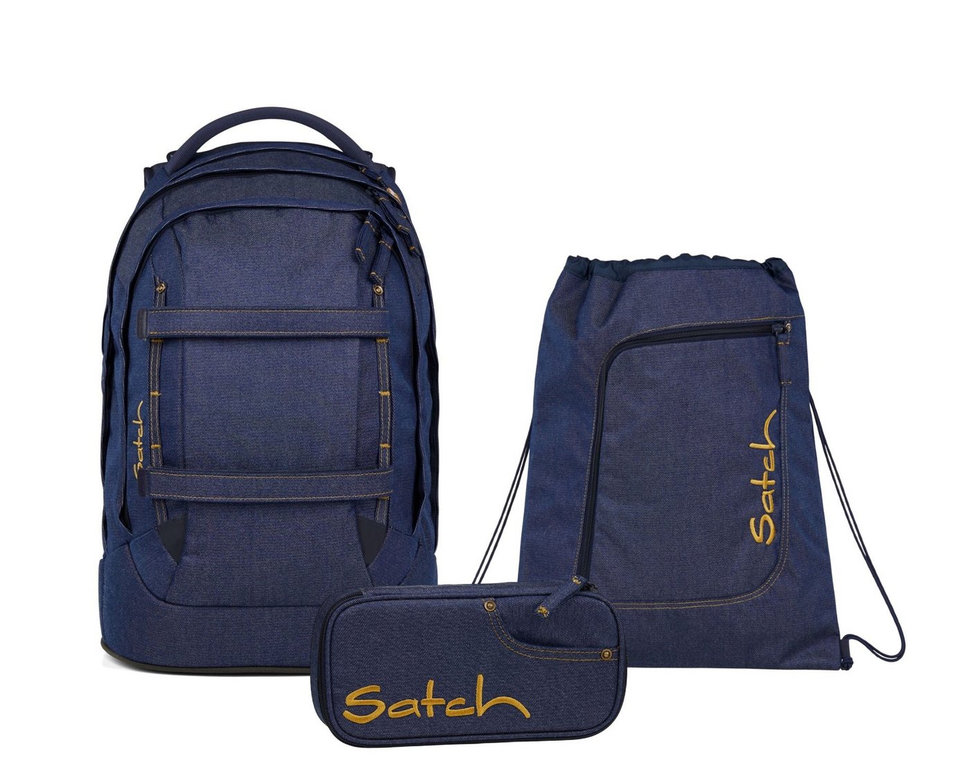 Satch Schulranzen Schulrucksack-Set PACK Denim Blue 3-teilig, Kollektion 2025 (3-teilig), ergonomisch, Your-Size-System: auf Körpergröße anpassbar