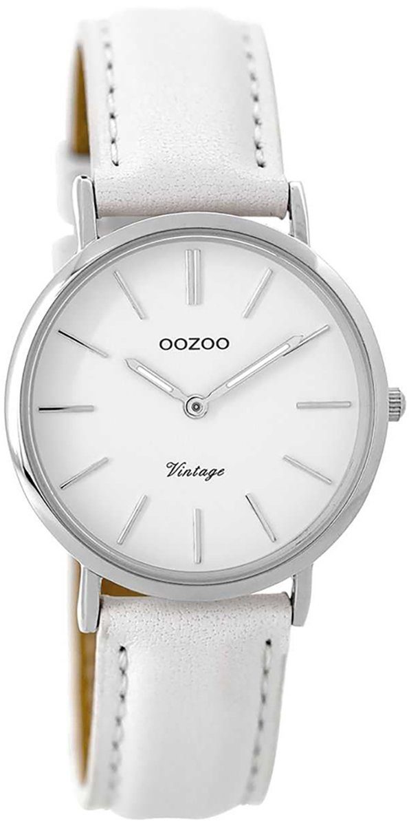OOZOO Quarzuhr Oozoo Damen Armbanduhr weiß, Damenuhr rund, mittel (ca.  32mm), Lederarmband weiß, Fashion, extraflaches Gehäuse
