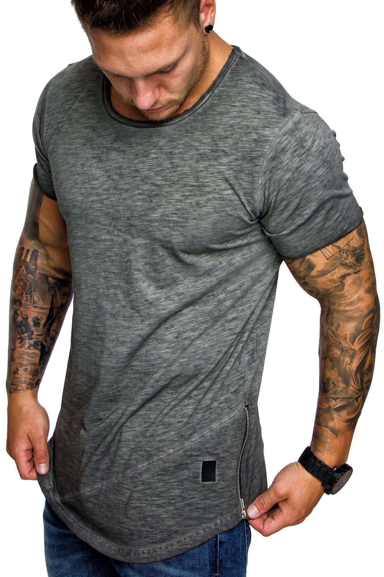 Amaci&Sons T-Shirt AUSTIN Herren Oversize Vintage Zipper Crew Neck Rundhals günstig online kaufen