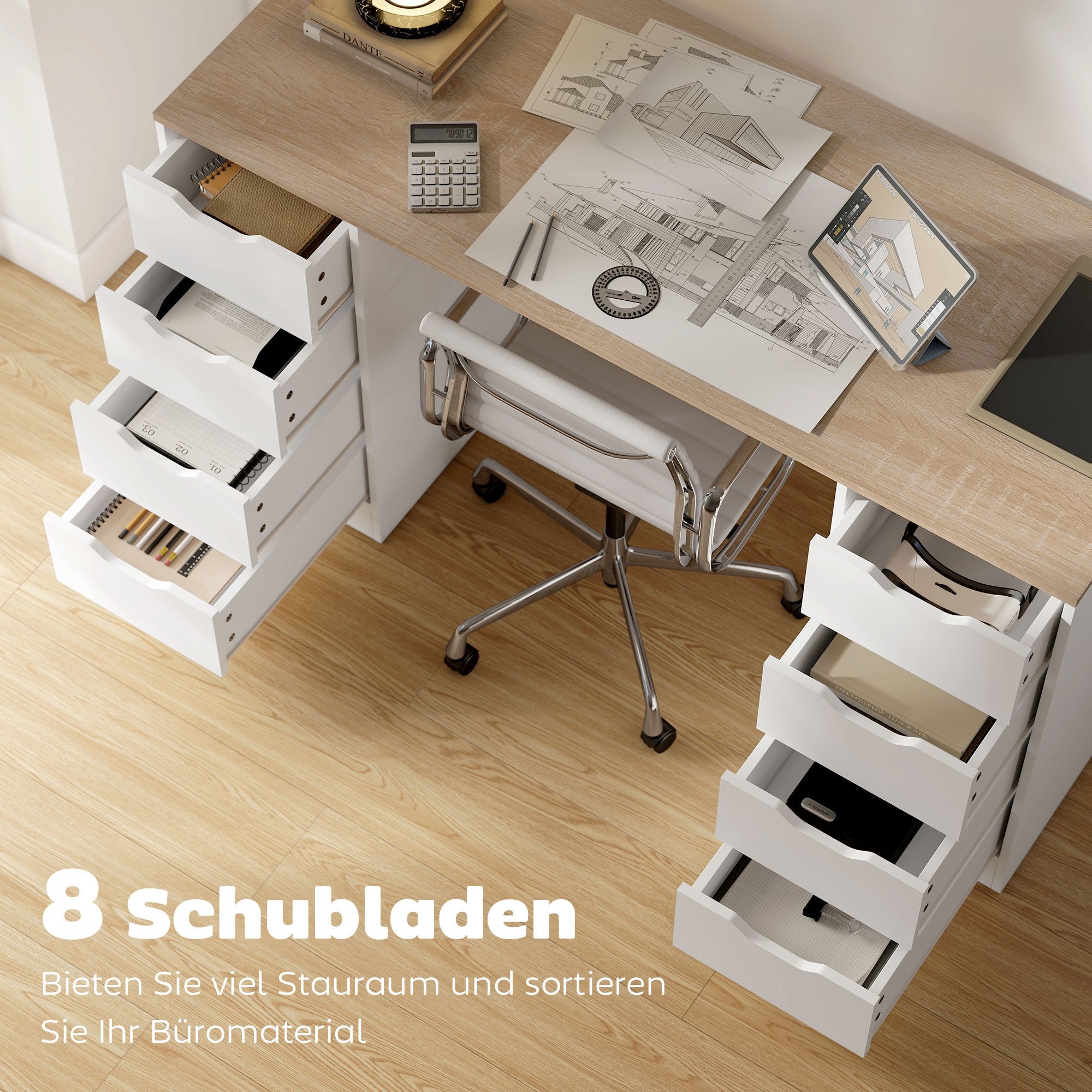 HOMCOM Schreibtisch Bürotisch mit 8 Schubladen 140 x 53 x 75 cm Moderner Tisch (Computertisch, 1-St., Arbeitstisch), für Arbeitszimmer, Wohnzimmer, Weiß – Bild 4 von 5