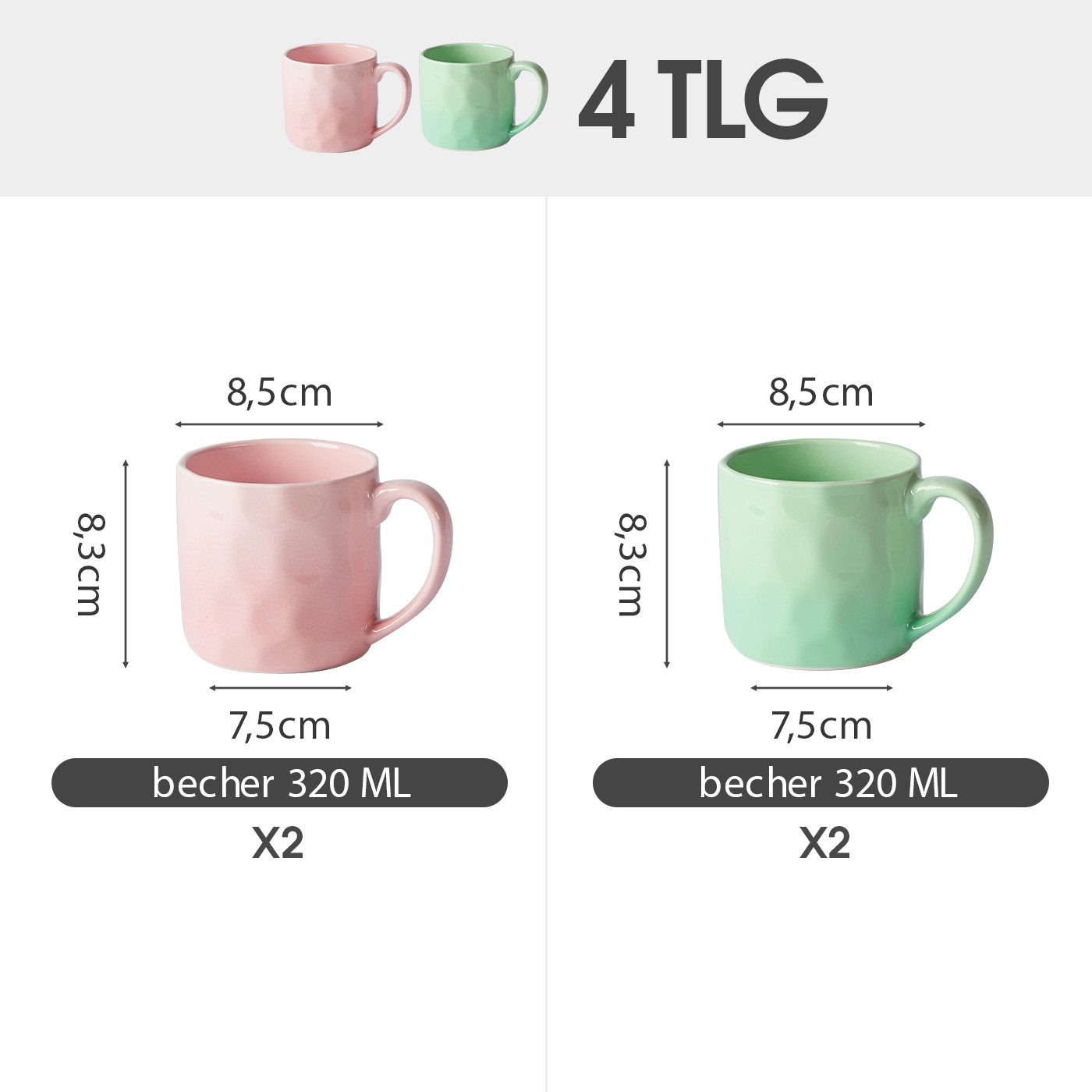 JIWOO Tasse 4er 320ml, Kaffeebecher Skandinavische Geschirr set Becher Teebecher, 4-tlg., Keramik, Keramiktassen Handgefertigt Kafeeservice Mikrowellen spülmaschinenfest