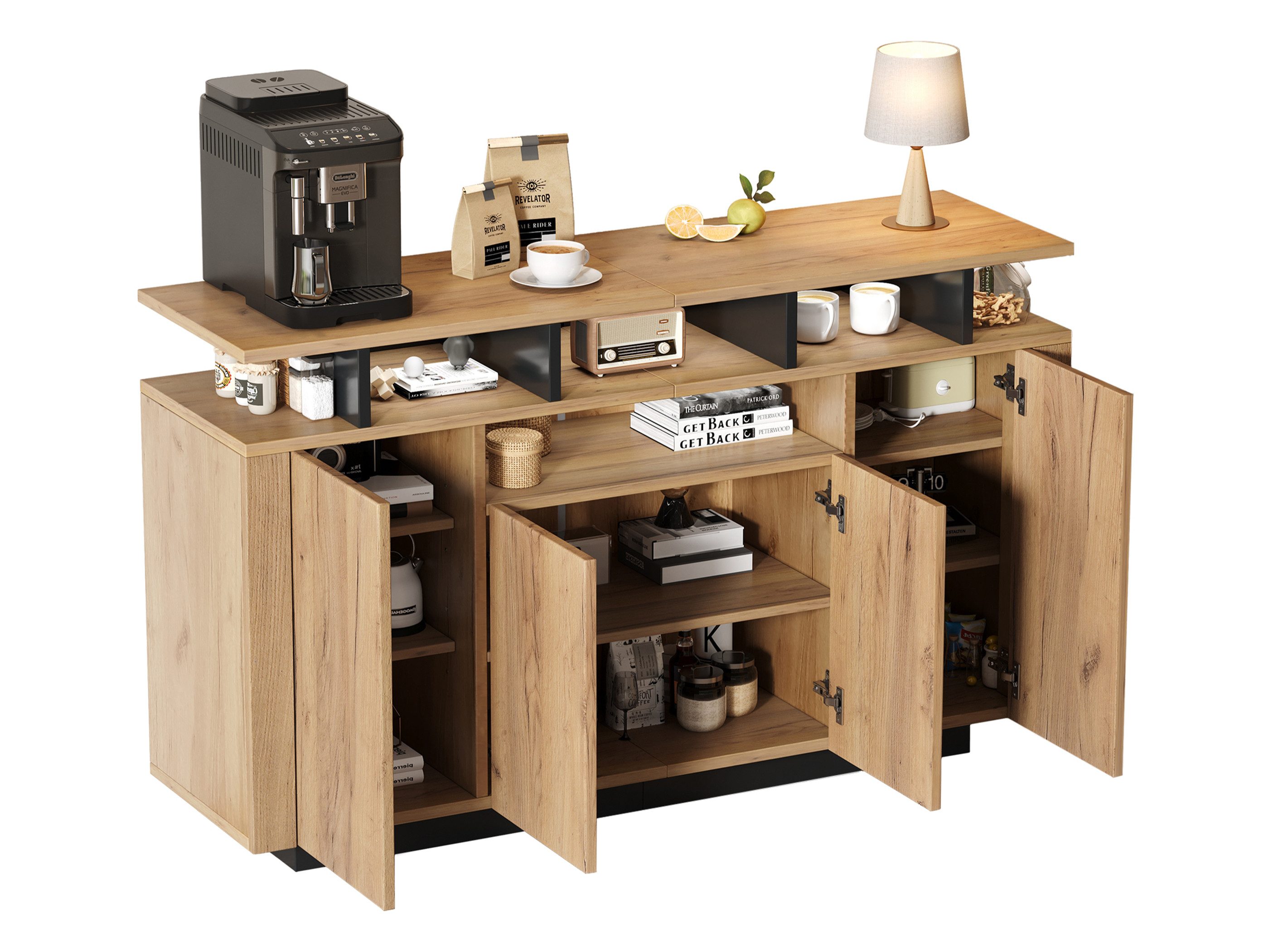SeedWave Sideboard Grifflose Kommode Flurschrank in Holzoptik, mit 140cm Arbeitsplatte, viel Stauraum, Kabeldurchführung auf der Rück