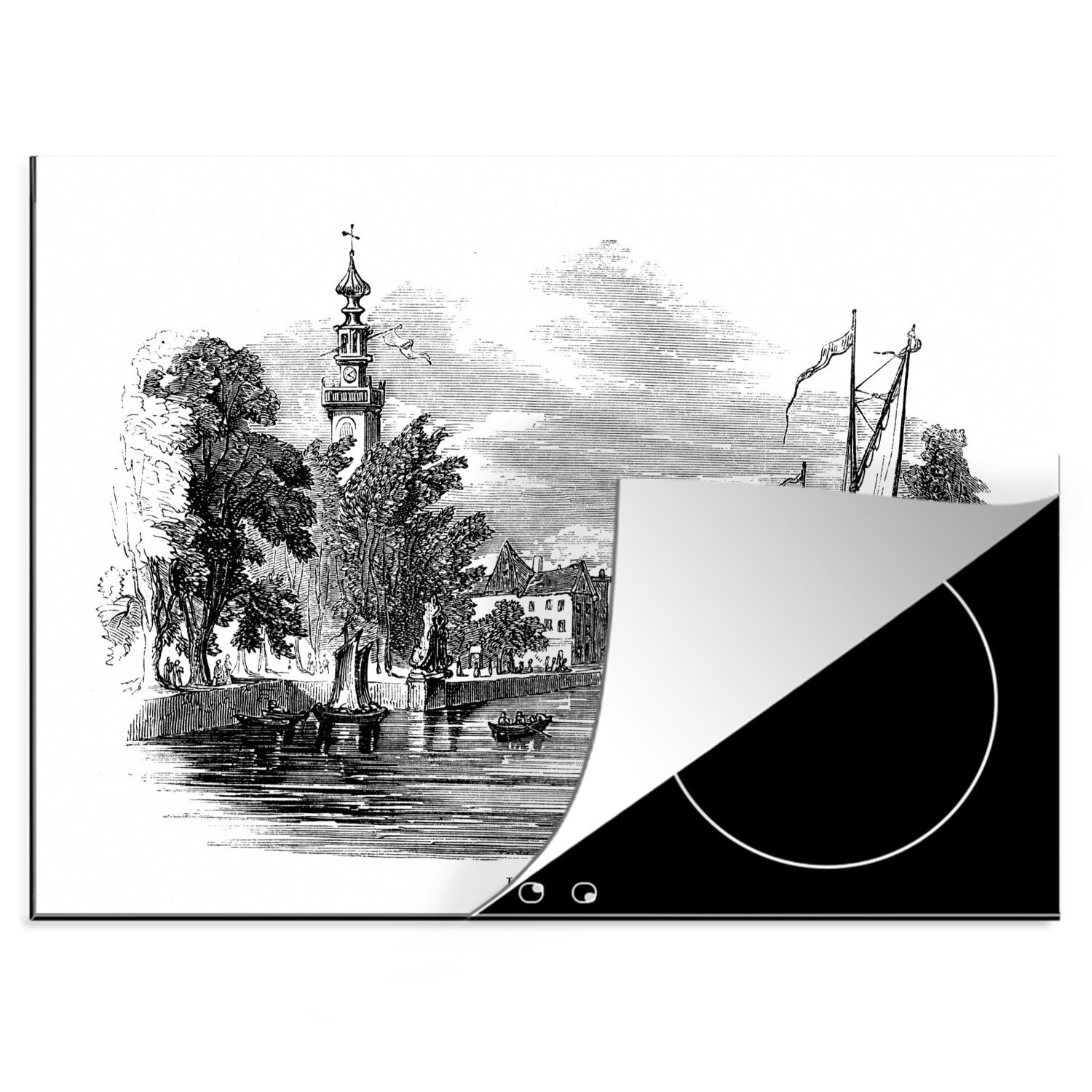 - (1 und Mobile Leiden MuchoWow Vinyl, einer Schwarz-Weiß-Illustration Ceranfeldabdeckung schwarz in 70x52 Gracht cm, Herdblende-/Abdeckplatte nutzbar, tlg), Arbeitsfläche weiß,
