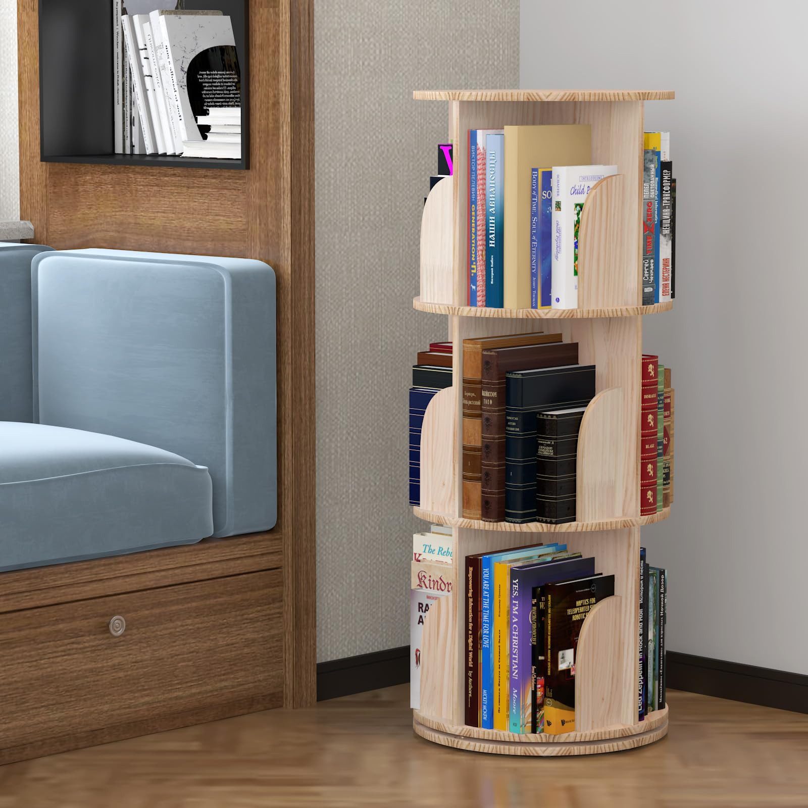 GarveeMore Bücherregal 360 Grad drehendes Bücherregal massives Holz stehendes Regalboden – Bild 5 von 5