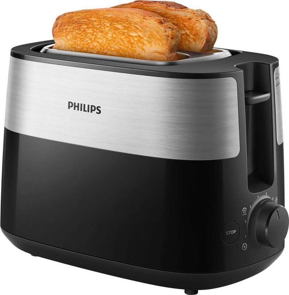 Philips Toaster HD2516/90 Daily Collection, 2 kurze Schlitze, 830 W,  integrierter Brötchenaufsatz und 8 Bräunungsstufen, edelstahl/schwarz,  Integrierter Brötchenaufsatz zum Aufbacken von Brötchen und Croissants