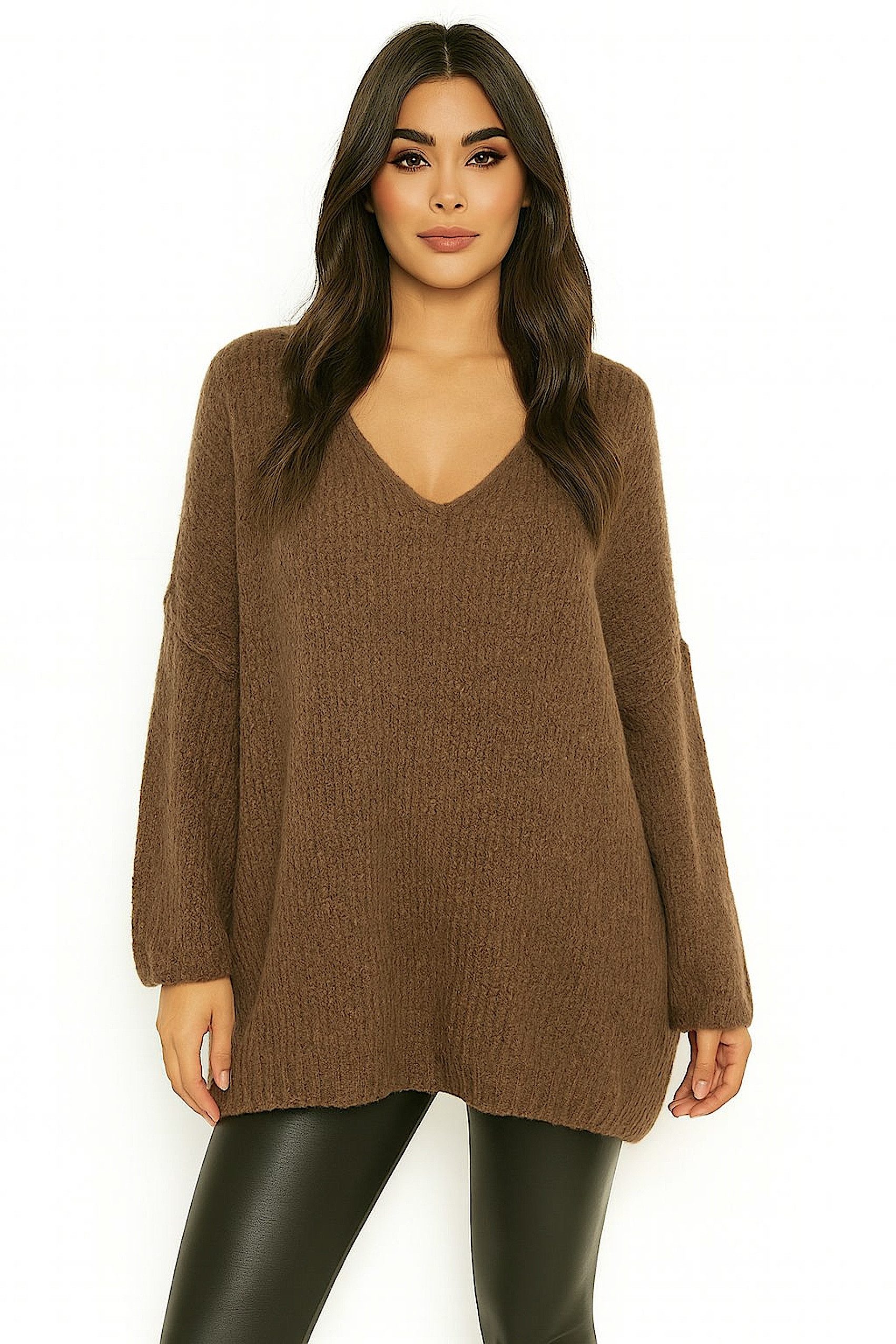 Worldclassca Длинные WORLDCLASSCA Damen Oversize Strickpulllover Lang Pulli V-Ausschnitt Neue Kollektion - Stilvolle und gemütliche Strickmode für Damen