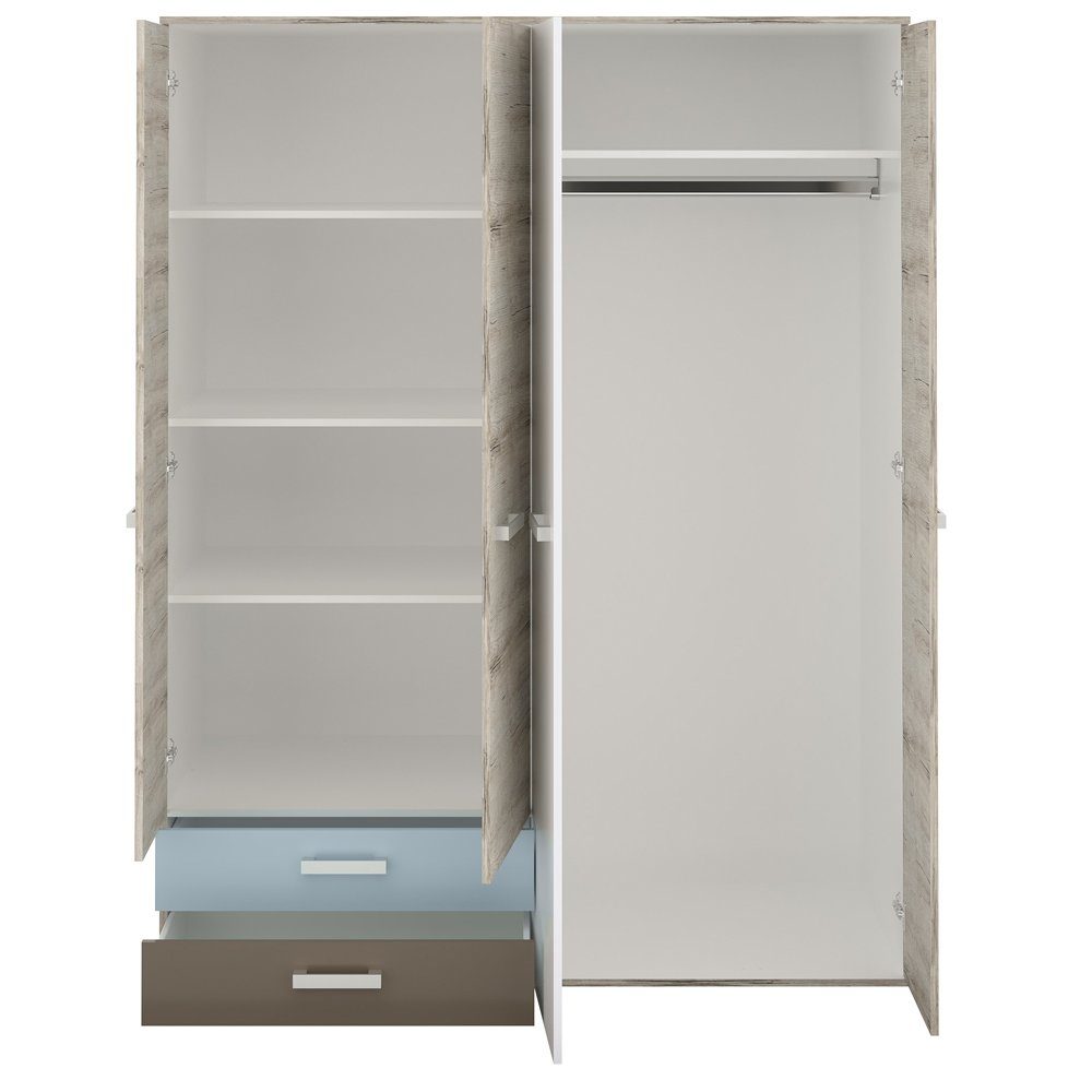 Lomadox Kleiderschrank LEEDS-10 Sandeiche Nb./weiß/Lava/Denim 149,5x193x59,7 cm