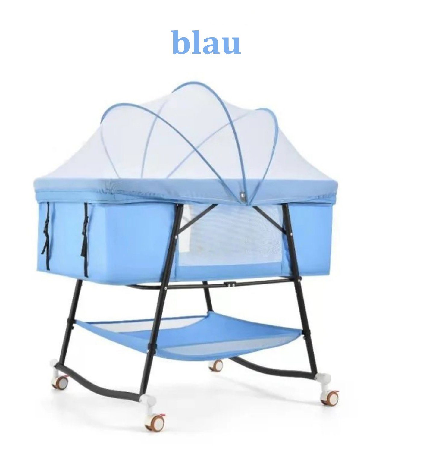 Mückenschutz rollbares Moskitonetz mit und Wiegefunktion und und Beistellbett Aufbewahrungskorb, Reisebett TPFLiving mit Babybett Blau Babybett Aufbewahrungskorb
