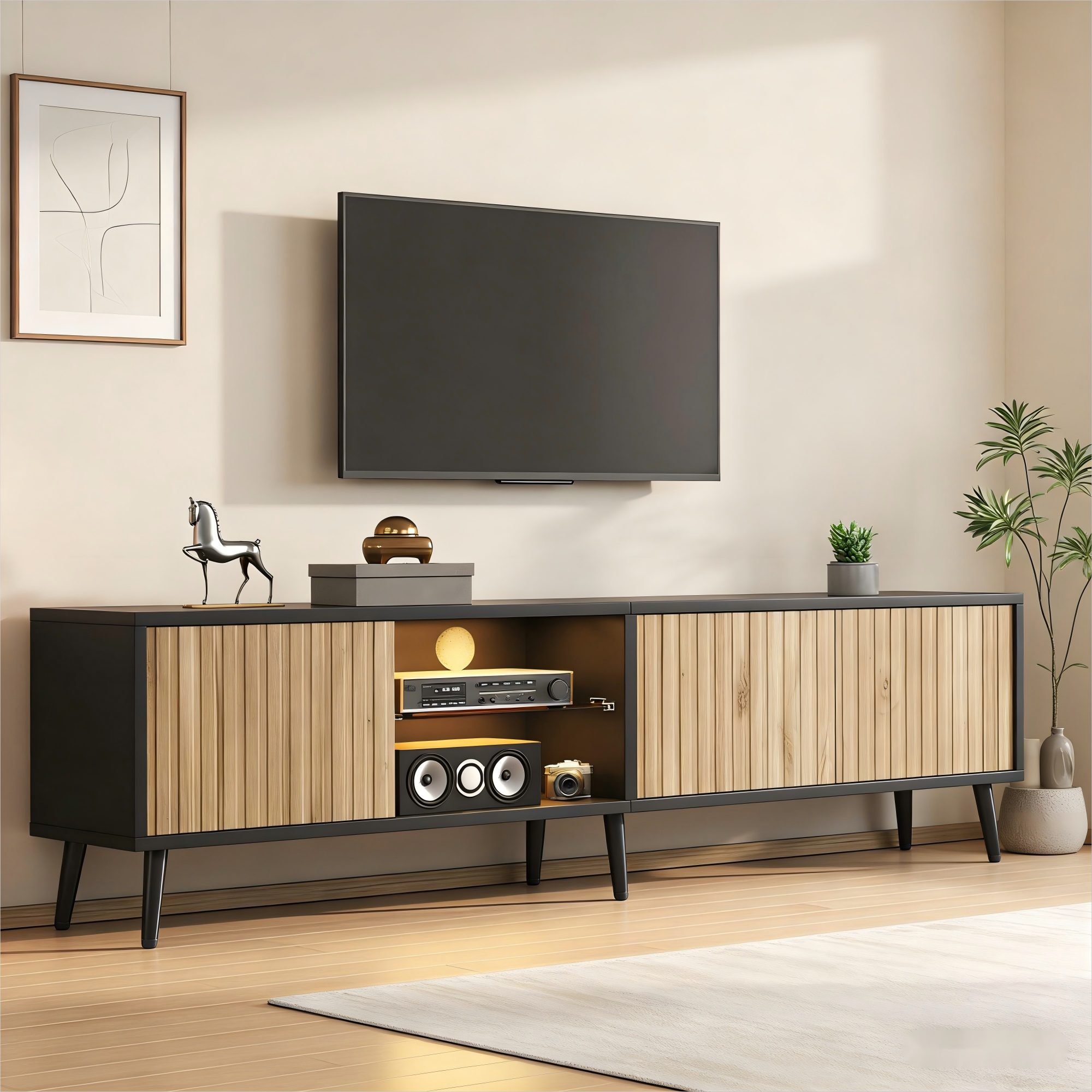 Merax Lowboard mit LED-Beleuchtung und App Steuerung, TV Schrank in Holzoptik (1 St), Wohnzimmerschrank mit 3 Türen, Glasregal & Stauraum, …