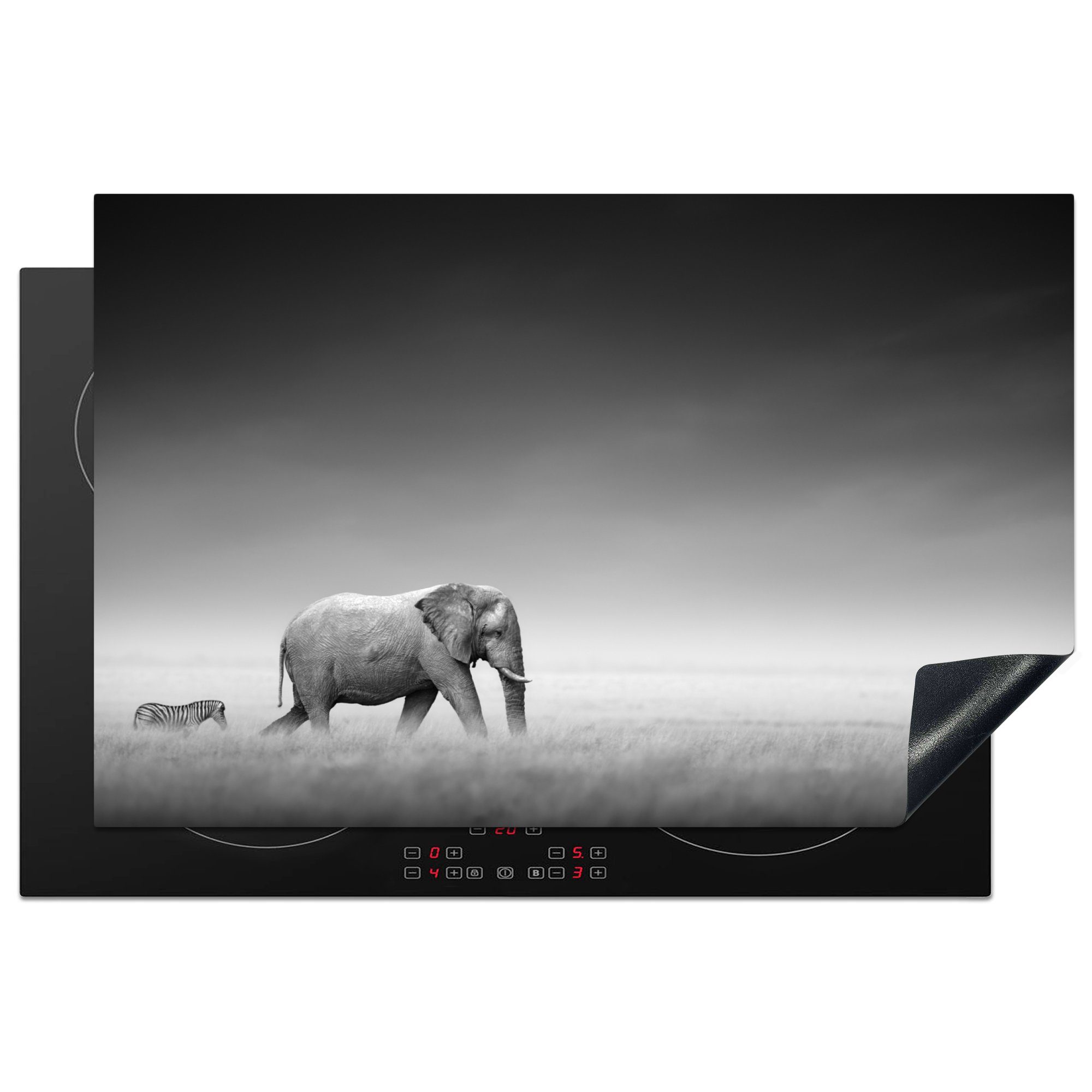 MuchoWow Herdblende-/Abdeckplatte Elefant - Tiere - Landschaft - Schwarz und weiß - Zebra, Vinyl, (1 tlg), 81x52 cm, Ceranfeldabdeckung, Arbeitsplatte für küche