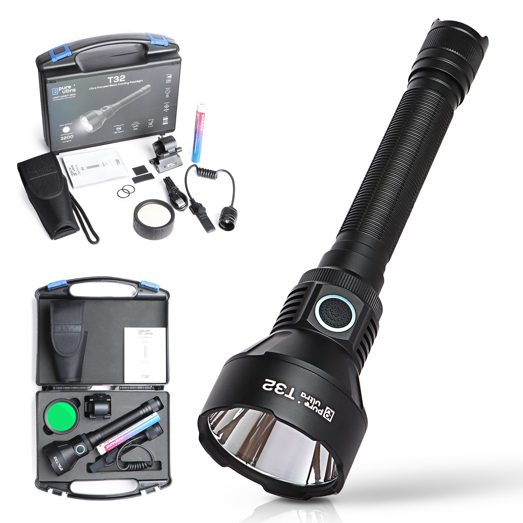 PureUltra LED Taschenlampe T32 (Hunting-Kit), 3200 Lm fokussierter Beam · 1150 m Reichweite · RGB Filter · IP68