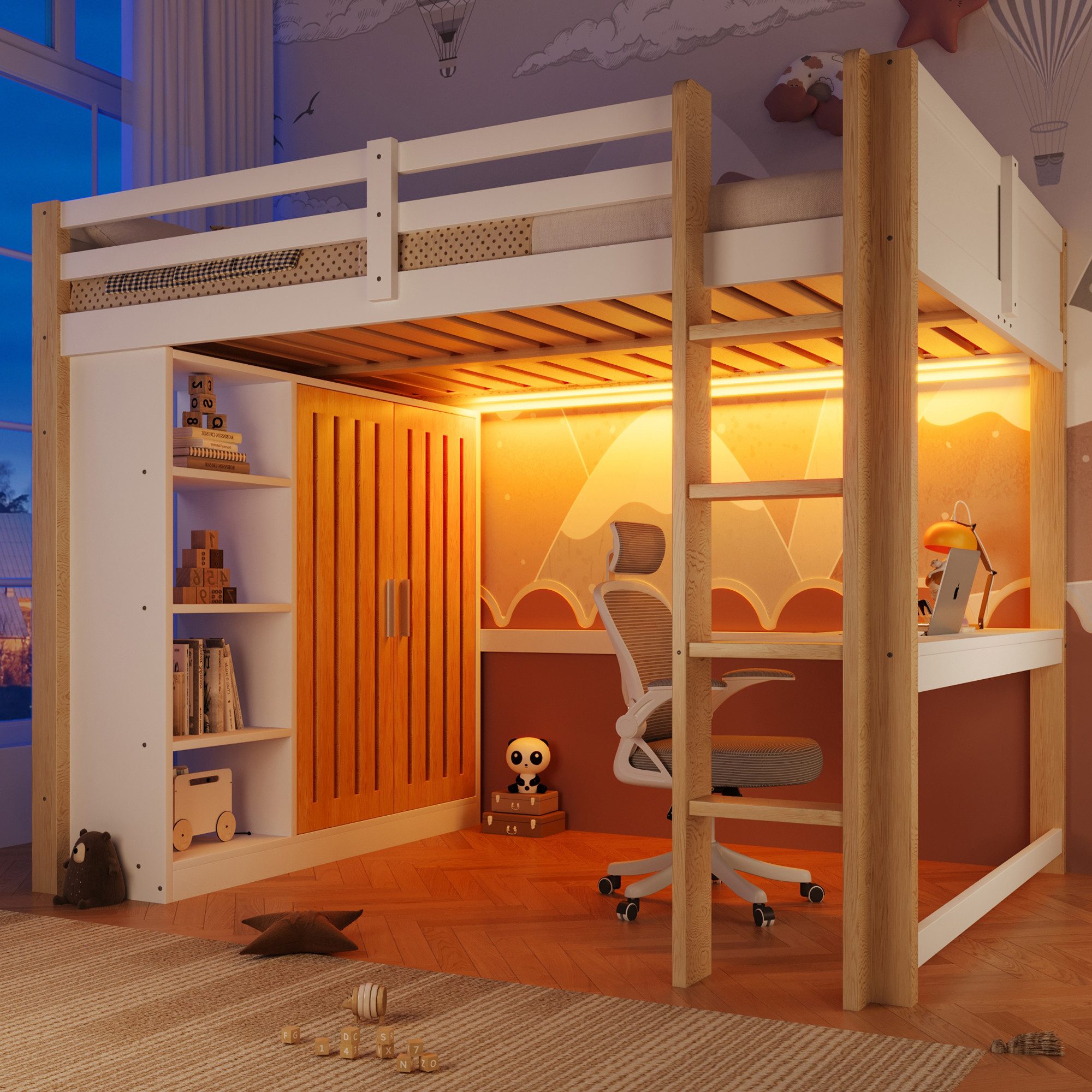 Flieks Hochbett Kinderbett 140x200cm LED-Beleuchtung Kleiderschrank Regal Schreibtisch