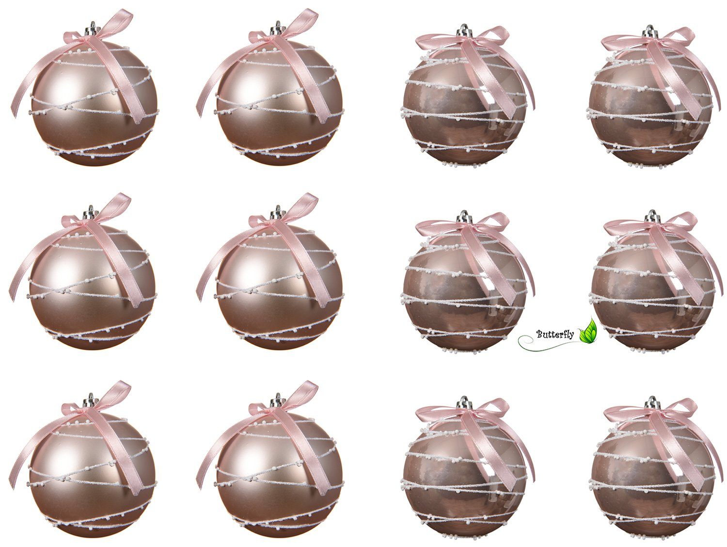 Christbaumschmuck, Schleifen Decoris Weihnachtskugeln rosa Set Motiv decorations Kunststoff season 8cm und mit 12er