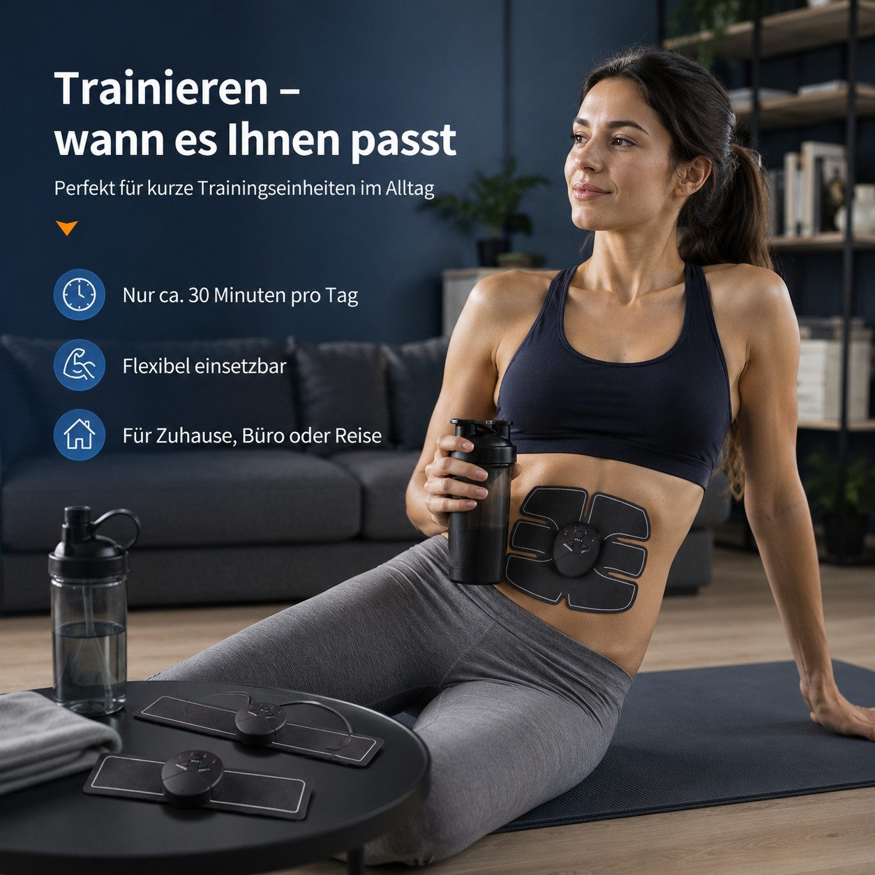 Tekoo EMS-Bauchmuskeltrainer EMS Muskelstimulationsgerät Bauch- und Armtrainer USB Set, (Kombipaket (Bauch- und Arm-Pads), 3-teiliges Set für das Ganzkörpertraining), USB-aufladbar, 3-Kanal-Steuerung