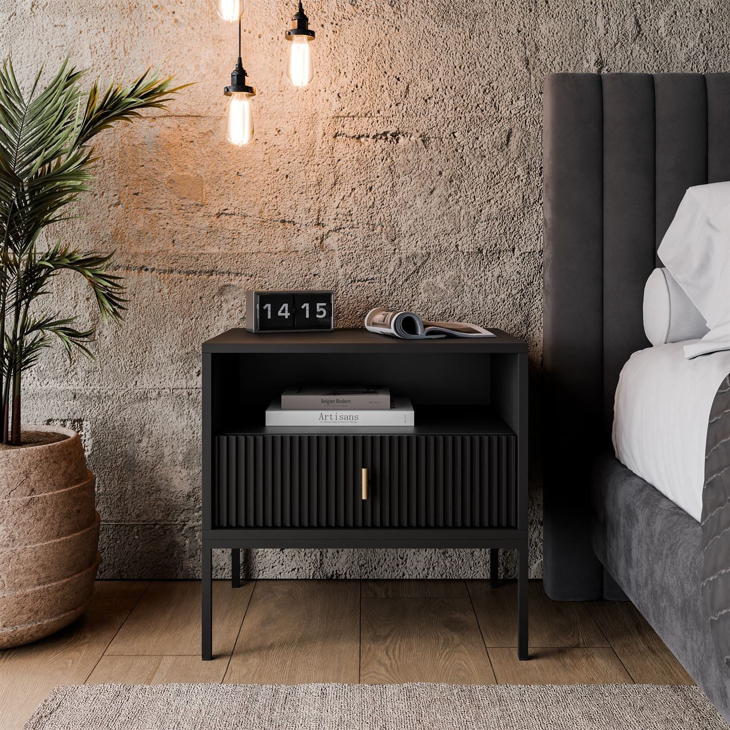 Lookway Nachttisch MIDNIGHT mit geriffelter Front auf Gestell, Breite 54 cm