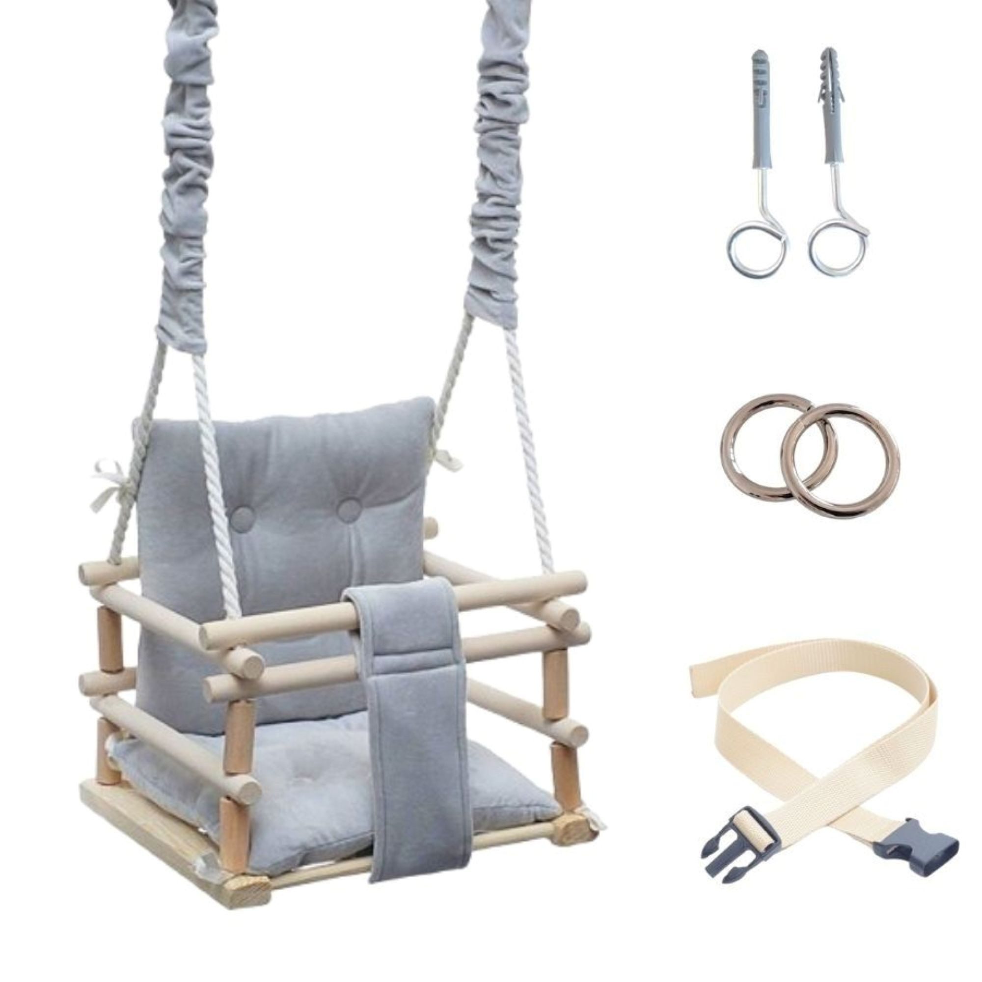 LuMali Babyschaukel Babyschaukel Magic 3in1 Holz Sicherheitsgurt drinnen draußen 34cm, Kinderschaukel Naturholz Kiefer weich verstellbar 10-36 Monate