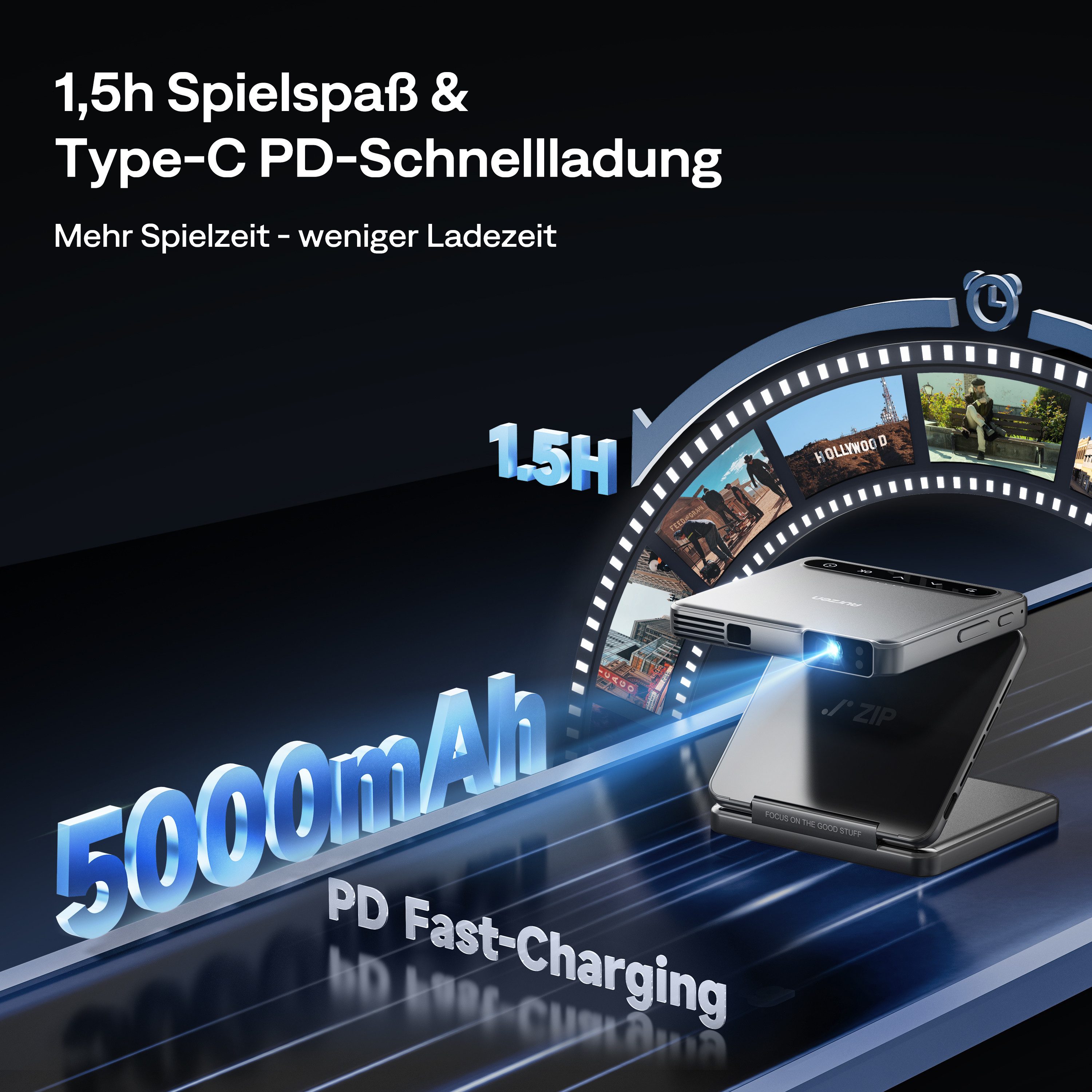 Aurzen ZIP Tri-Fold DLP Mini-Projektor Taschenformat 4K Unterstützt Beamer (1920 x 1080 px, Autofokus ohne Verzögerung, 1-Klick-Spiegelung, Vollbildmodus)