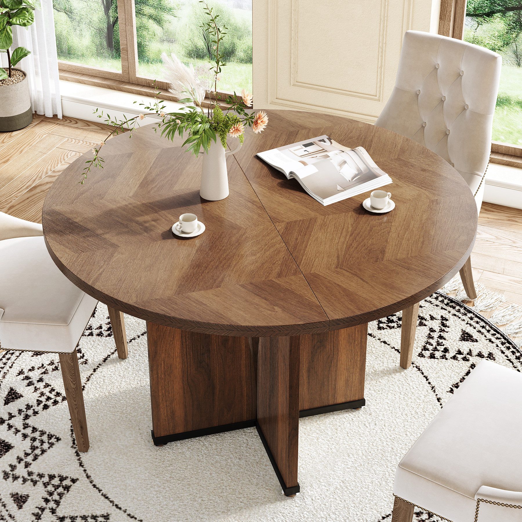 Tribesigns Esstisch Runder Esstisch 100 cm, Holztisch für 4 Personen, Braun/Schwarz (1 x Esstisch 1 x Zubehörpaket 1 x Anleitung), Esszimmertisch im Landhausstil, Küchentisch aus Holz im Industrial