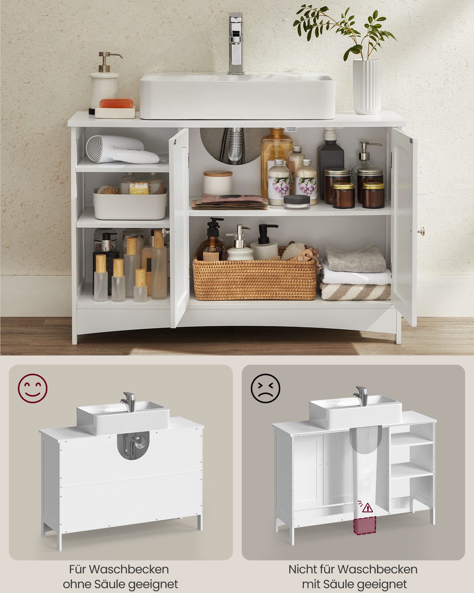 VASAGLE Waschbeckenunterschrank Badezimmerschrank höhenverstellbare Ablagen 2 Türen, 30 x 90 x 60 cm, extra lang, offene Fächer, Unterschrank – Bild 5 von 5