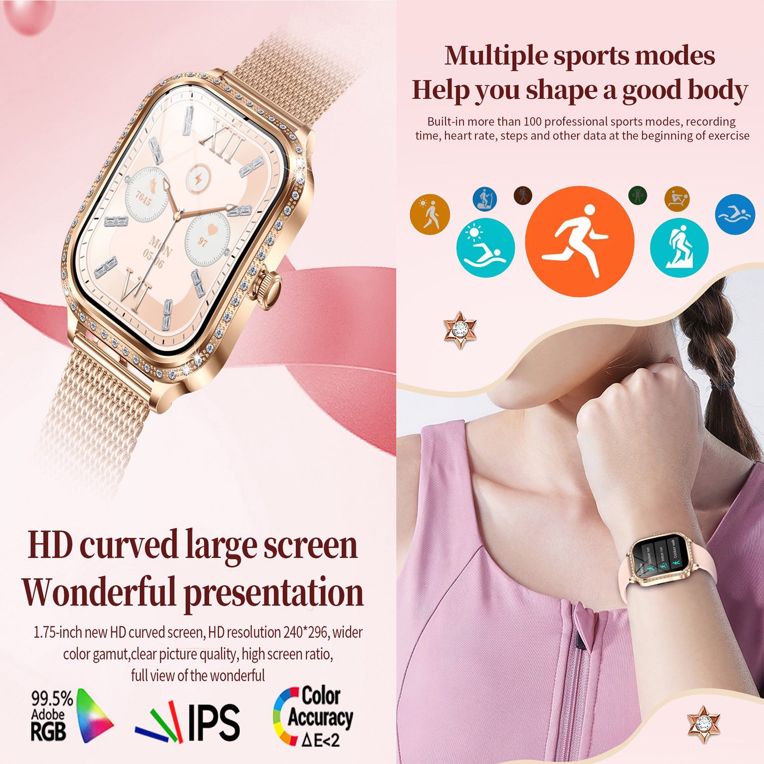 Forrlite Smartwatch Damen, Neueste Fitness Uhr mit Anruffunktion Smartwatch (4,45 cm/1,75-Zoll-TFT-LCD-Touchscreen Zoll) IP68 Wasserdicht,Uhren Watch für Android IOS, Fitnessuhr Tracker mit Pulsmesser Schrittzähler Schlafmonitor