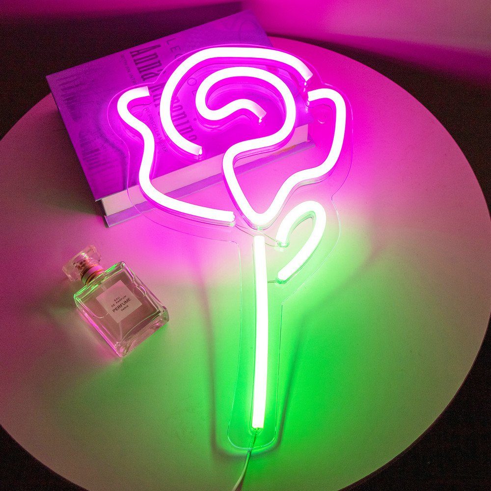 Rosnek LED Dekolicht Neon Lampe,Rose Ananas OPEN Good Vibes,Schlafzimmer Nachtlicht, Rose, mit USB transparenter Acrylrückwand