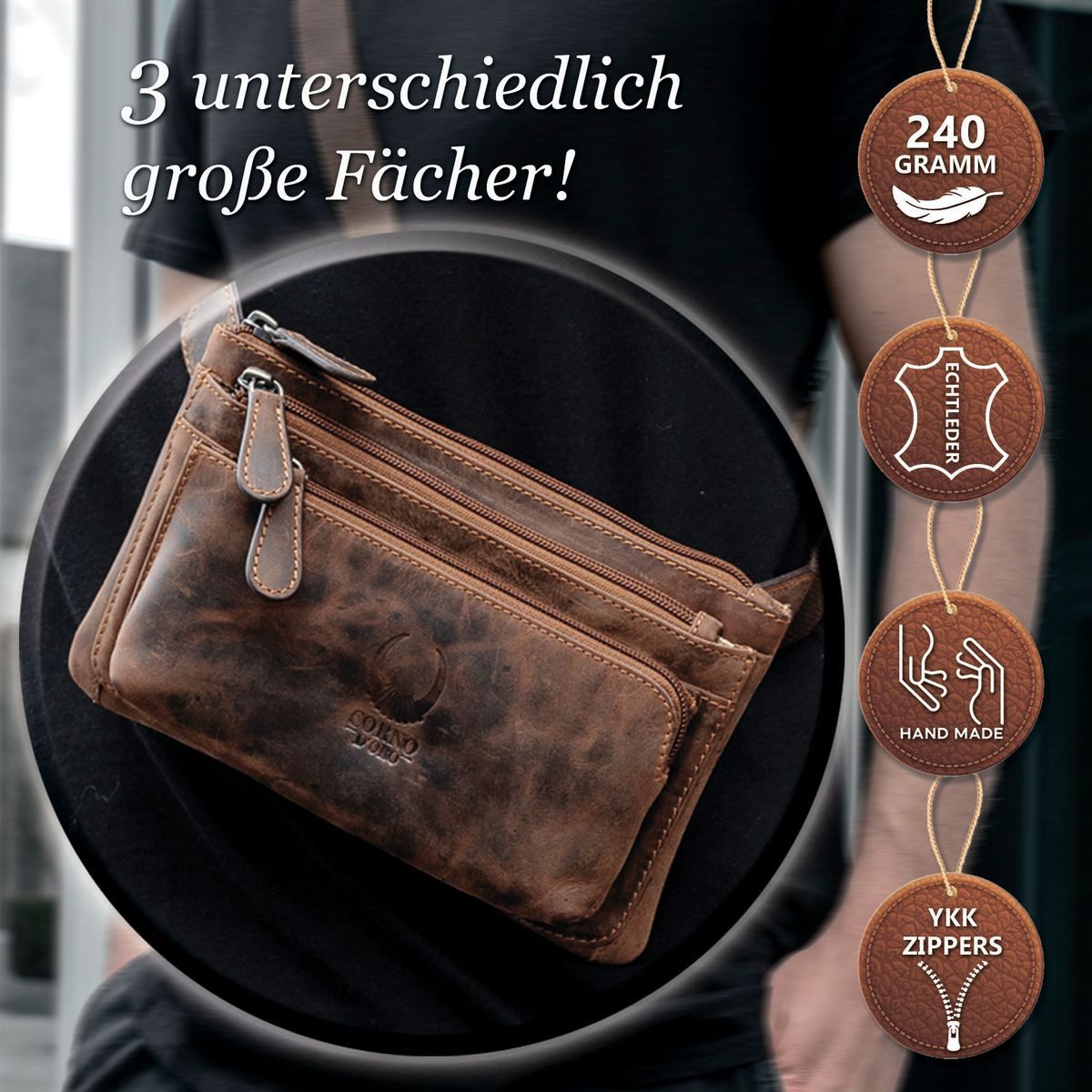 Corno d´Oro Bauchtasche Damen und Herren aus Echt Leder Vintage, Handmade Gürteltasche Cognac, mit breitem verstellbarem Gurt; 3 Reißverschlussfächer