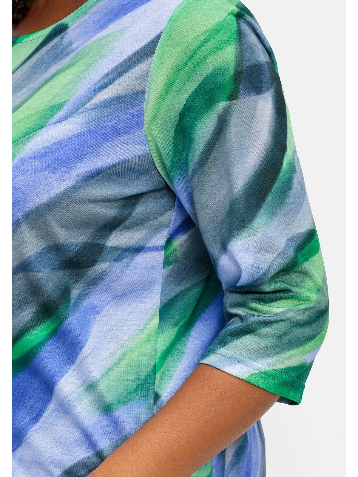 mit gebatikter in Optik Sheego 3/4-Arm-Shirt Große royalblau-grasgrün bedruckt Alloverdruck Größen