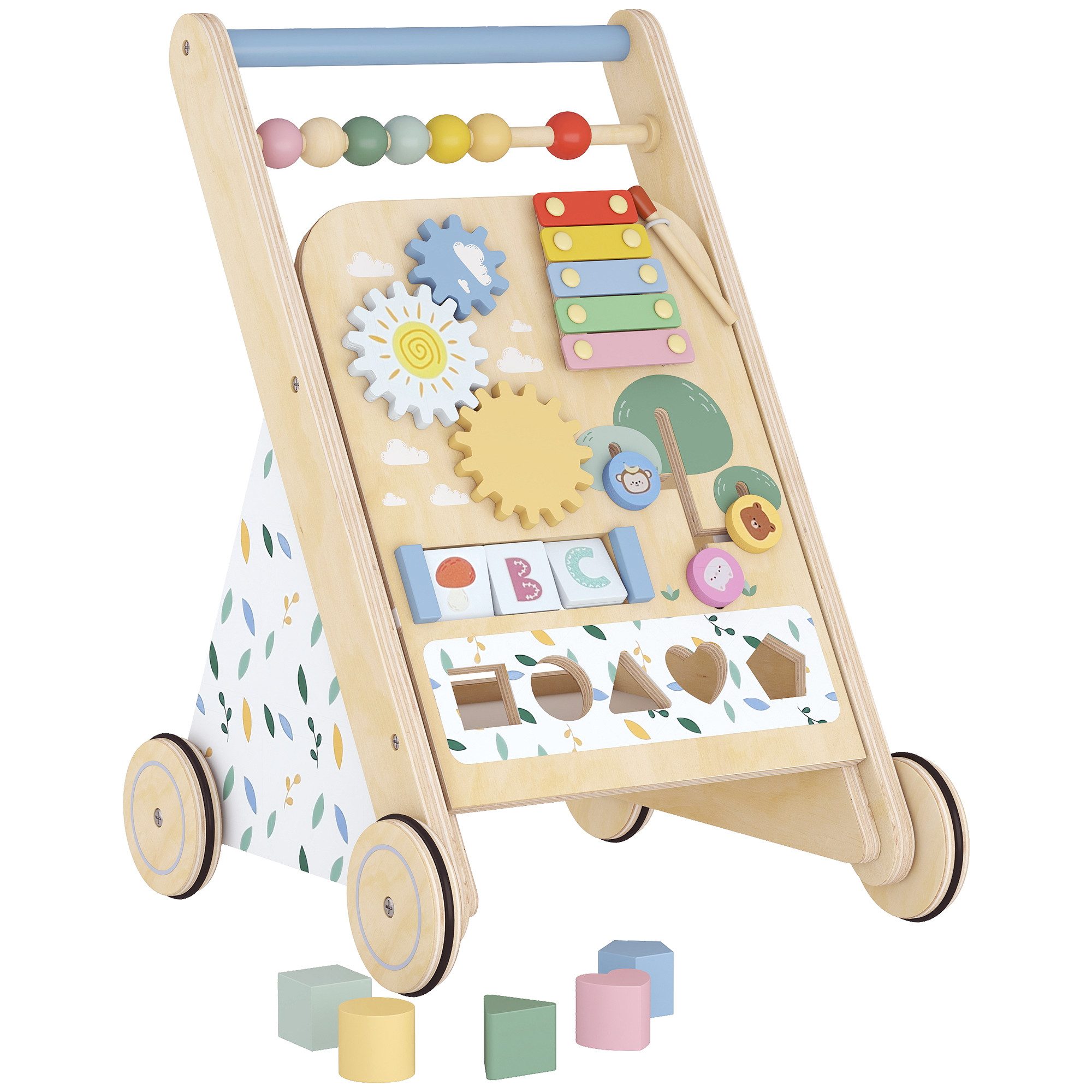AIYAPLAY Lauflernwagen Holz Lauflernhilfe mit Rädern regulierbarer Geschwindigkeit Bauklötze, (Montessori Aktivitätszentrum, 1-tlg., Baby Walker Gehhilfe), für Kleinekinder ab 18 Monaten