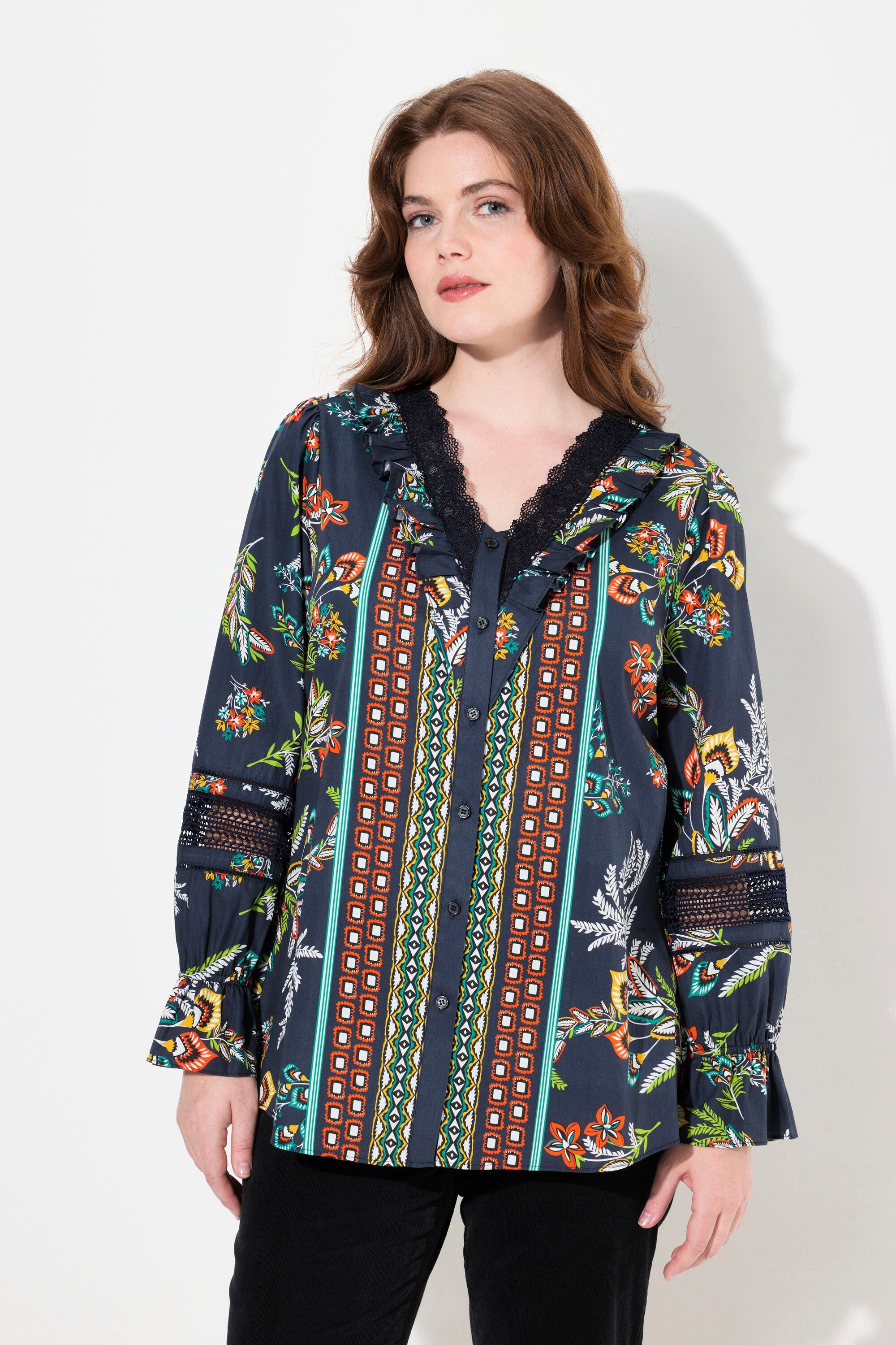 Ulla Popken Longbluse Bluse Spitze Rüschen V-Ausschnitt Langarm