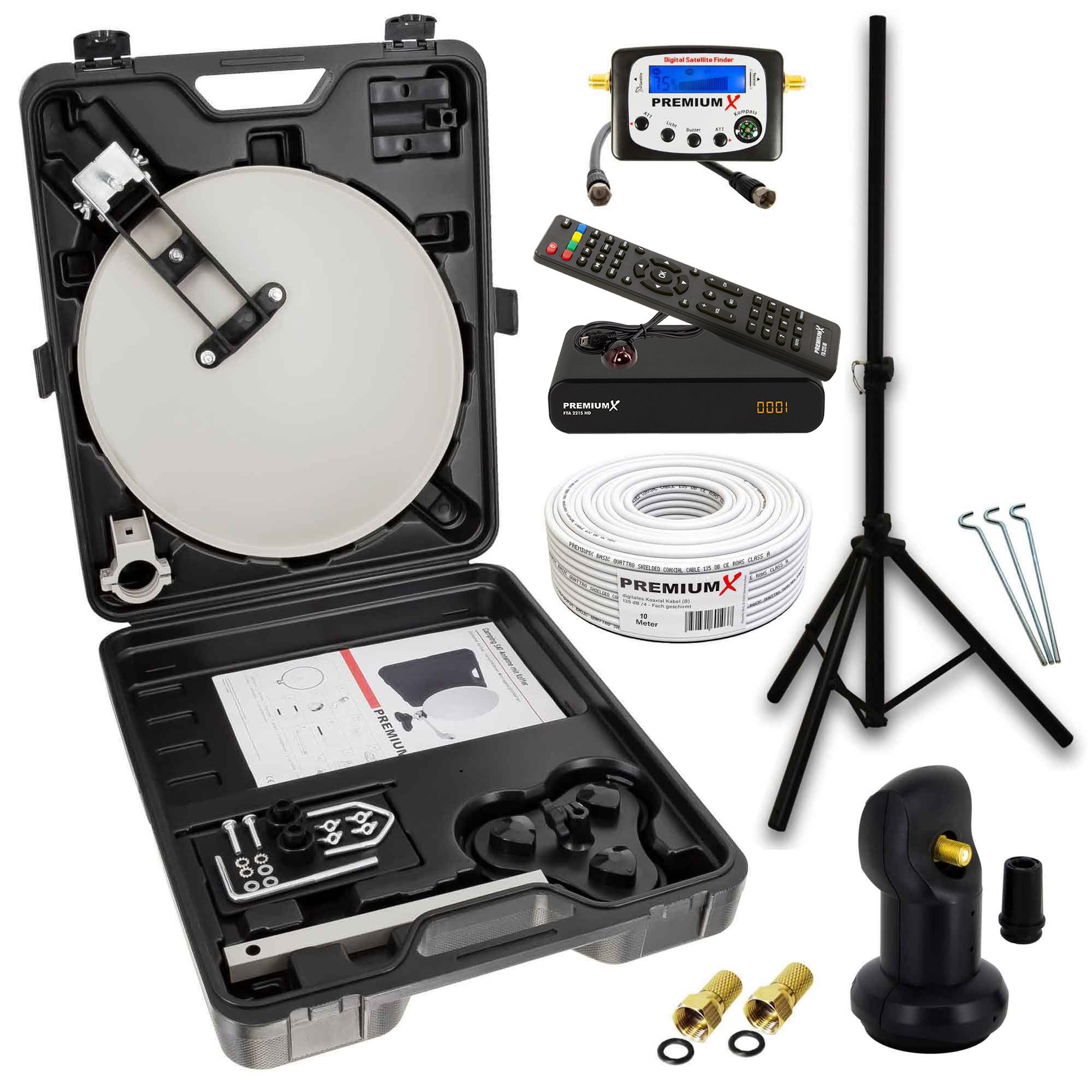 PremiumX Mobile SAT Anlage Receiver Satelliten-Finder LNB Kabel Koffer Stativ SAT-Antenne
