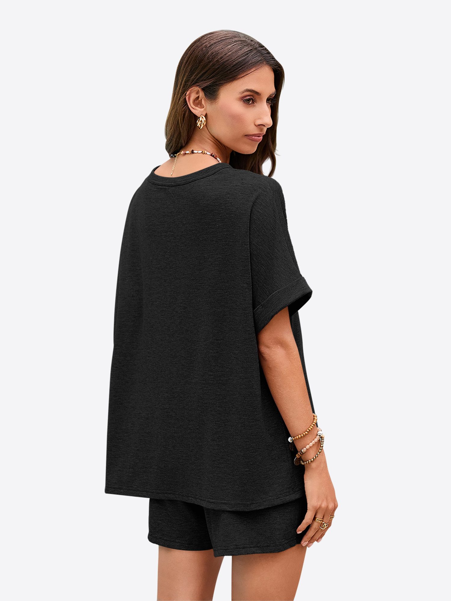 Imily Bela Hausanzug Damen 2-teilige Lounge-Sets (Set, 2 tlg., Oversized Kurzarm-T-Shirts + Shorts mit Kordelzug) einfarbig