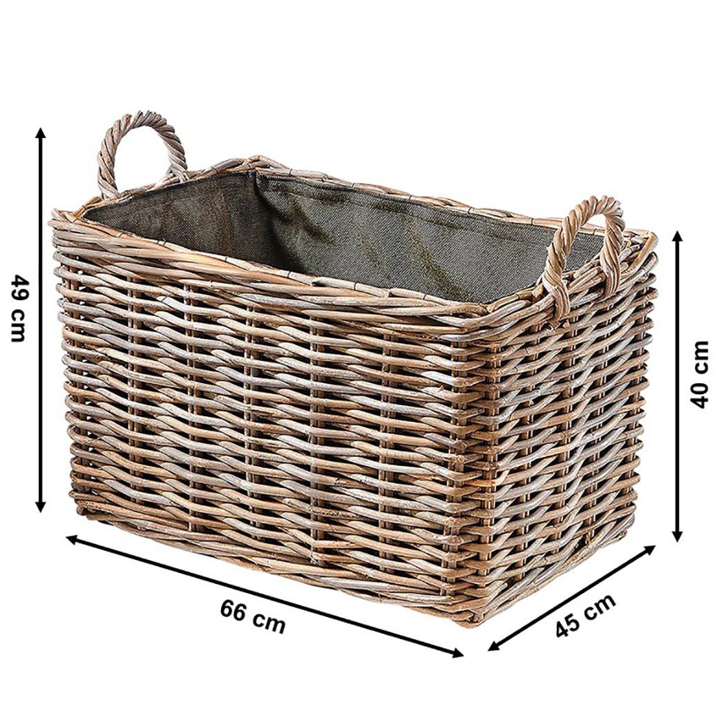 Kobolo Kaminholzkorb Holzkorb eckig aus grauem Rattan mit Leinenstoff