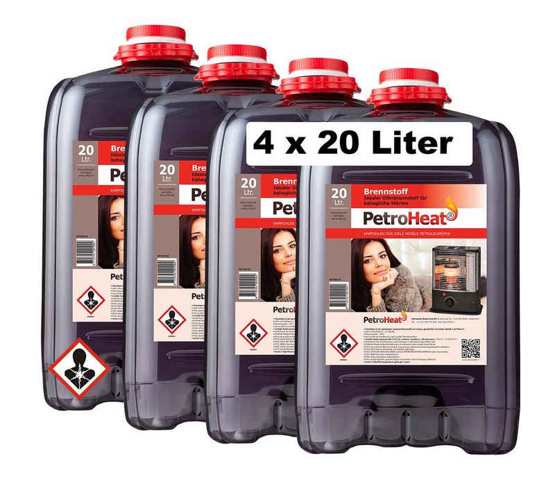 PetroHeat Petroleum 4 Kanister á 20 Liter Brennstoff für Petroleumofen, für mobile Petroleum-Heizung, Petroleumöfen, geruchsarm